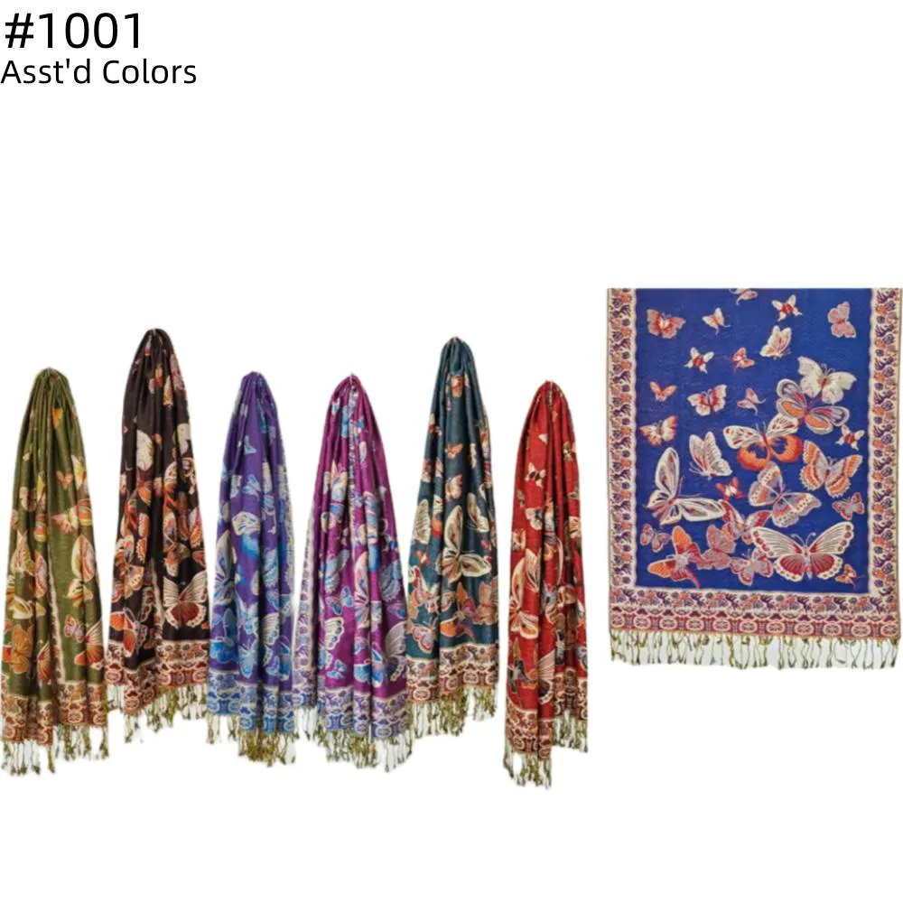 12-Pack Pashmina Butterfly Shawls Assorted Colors 1001