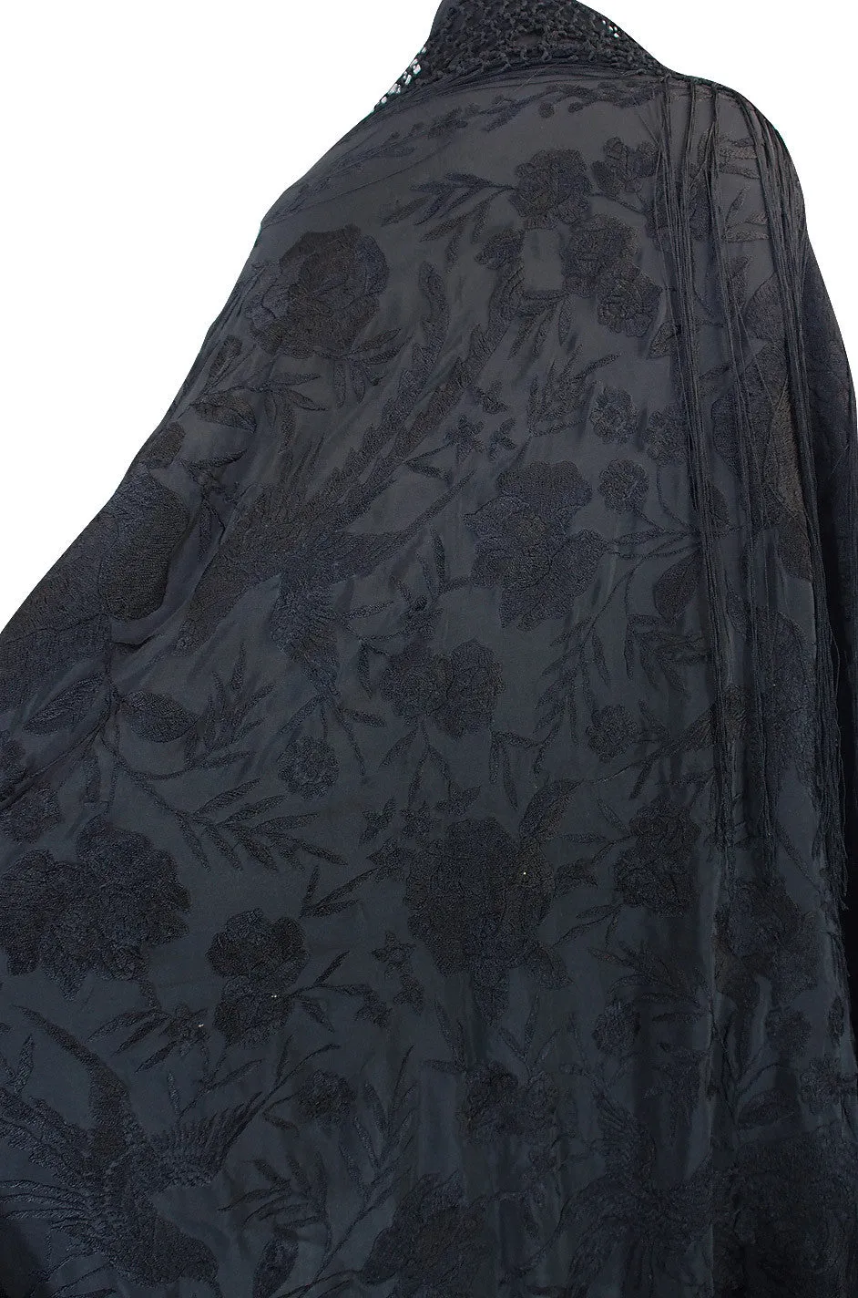 1920s Black on Black Silk Embroidered Piano Shawl