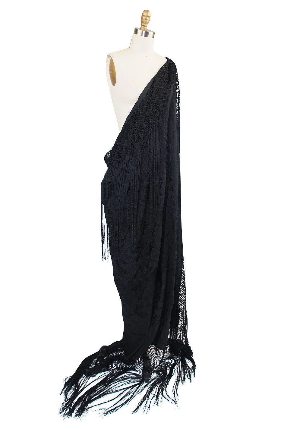 1920s Black on Black Silk Embroidered Piano Shawl