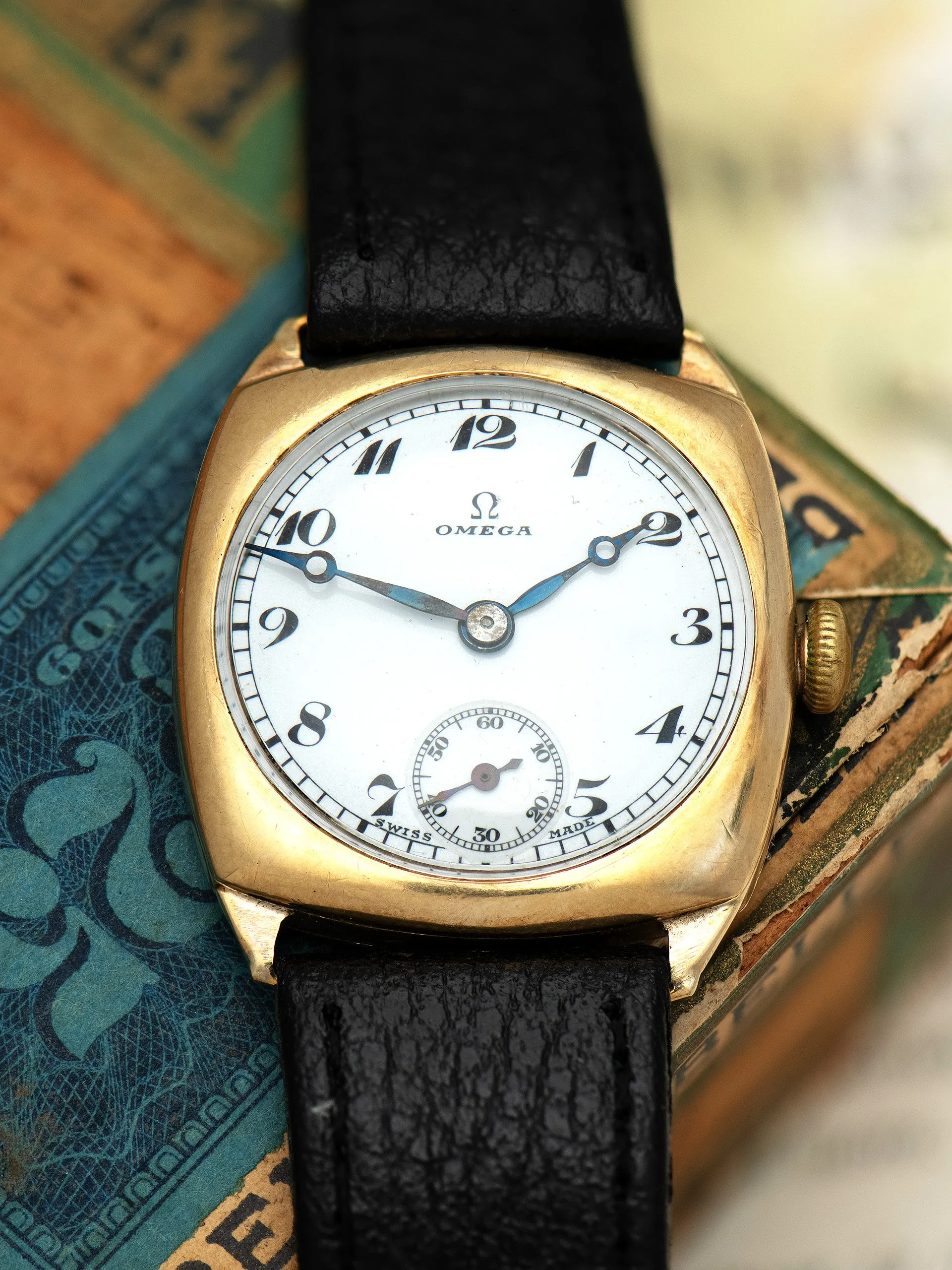 1929 Omega Trench-Style Watch 9K YG "Enamel Dial"