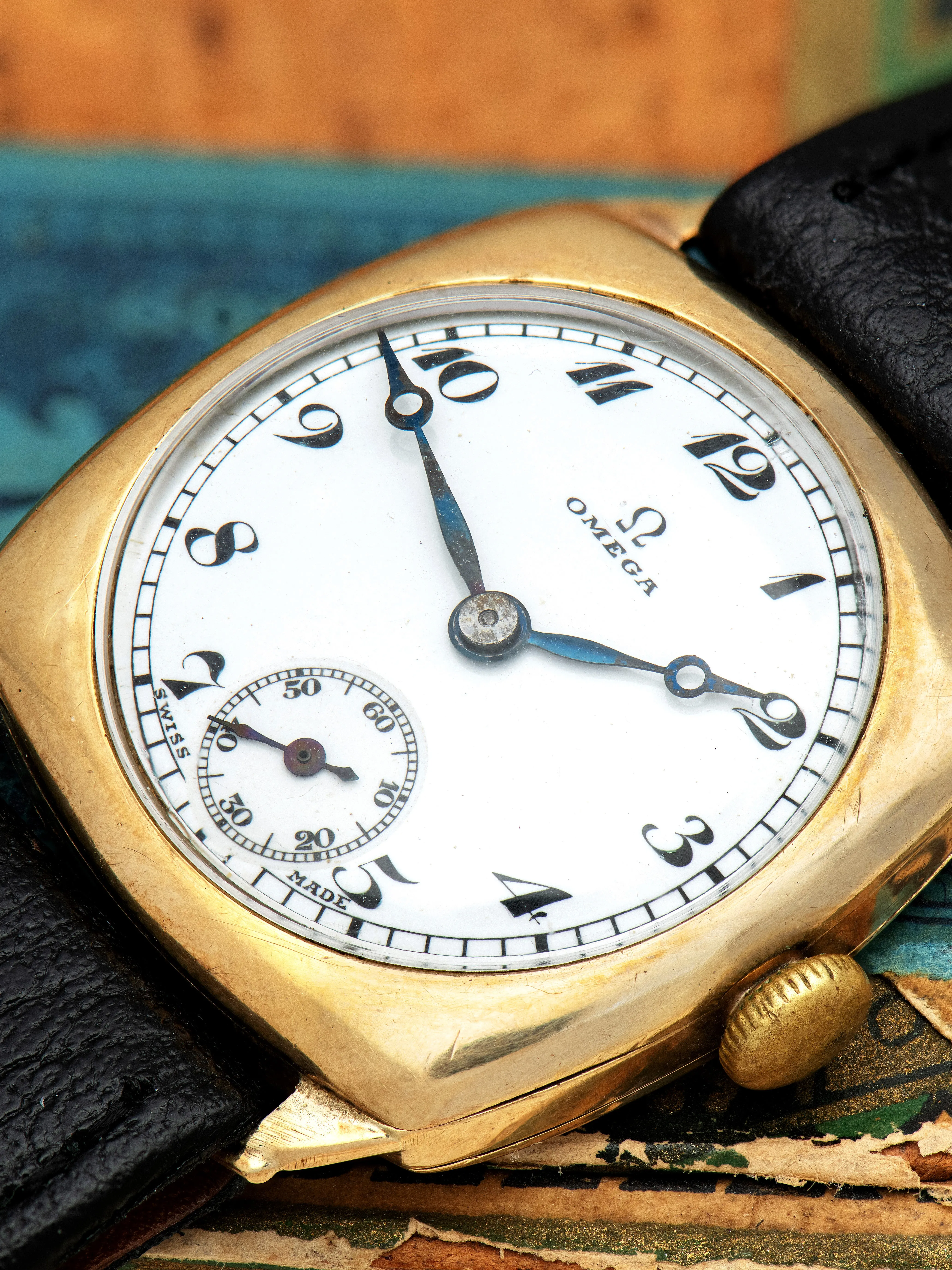 1929 Omega Trench-Style Watch 9K YG "Enamel Dial"