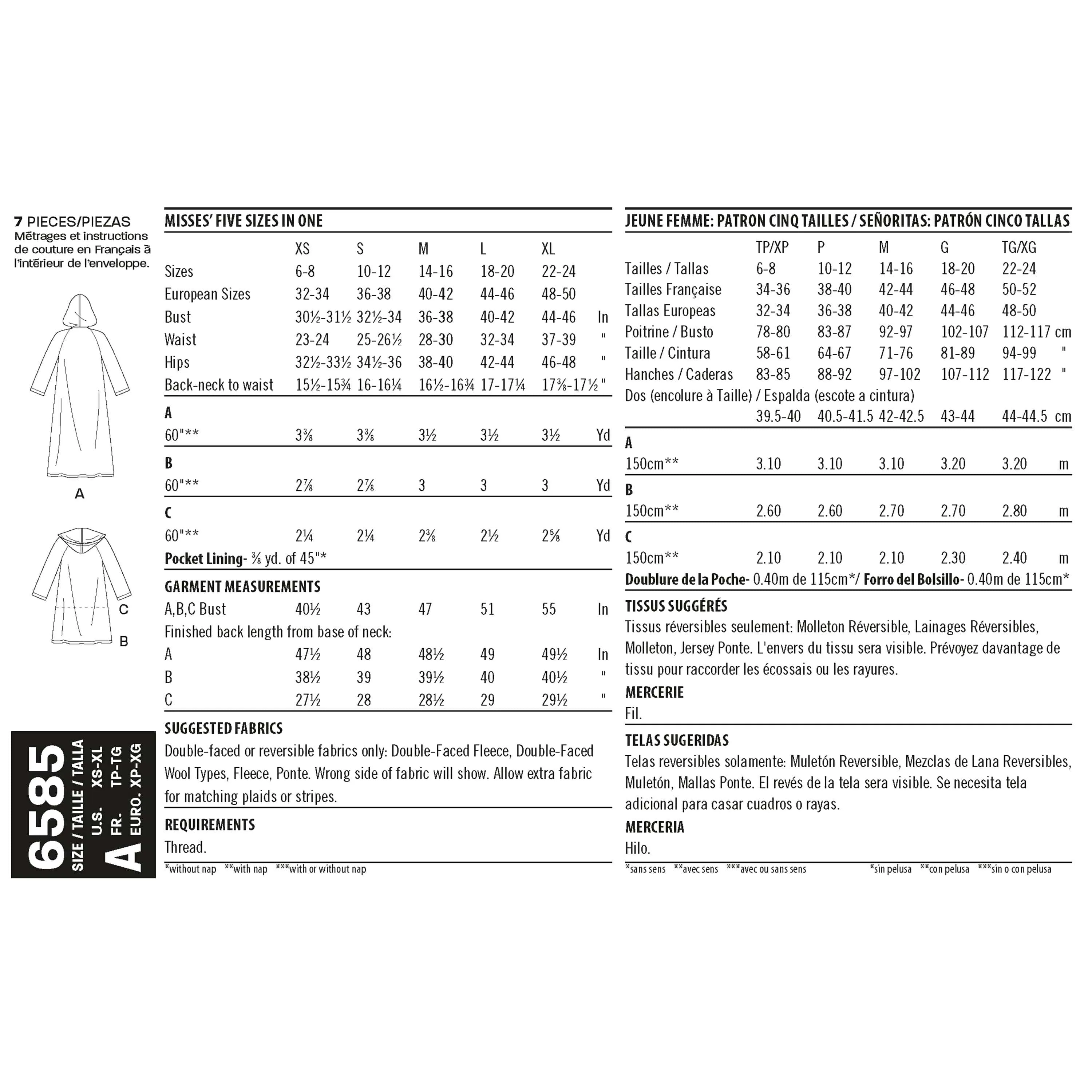 6585 New Look Pattern 6585 Misses' Coat with Hood