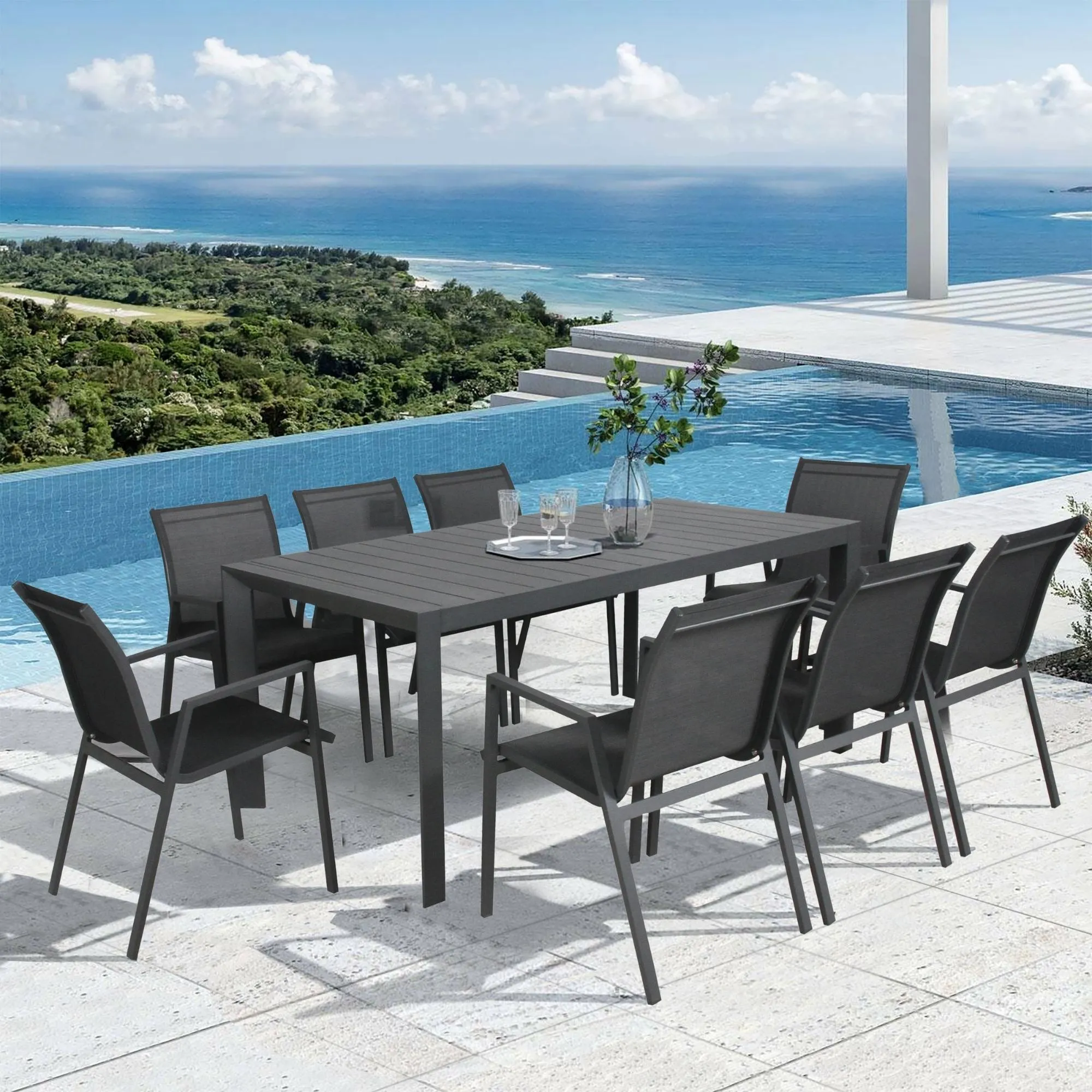 6pc Aluminium Outdoor Dining Chairs, Stackable, Charcoal