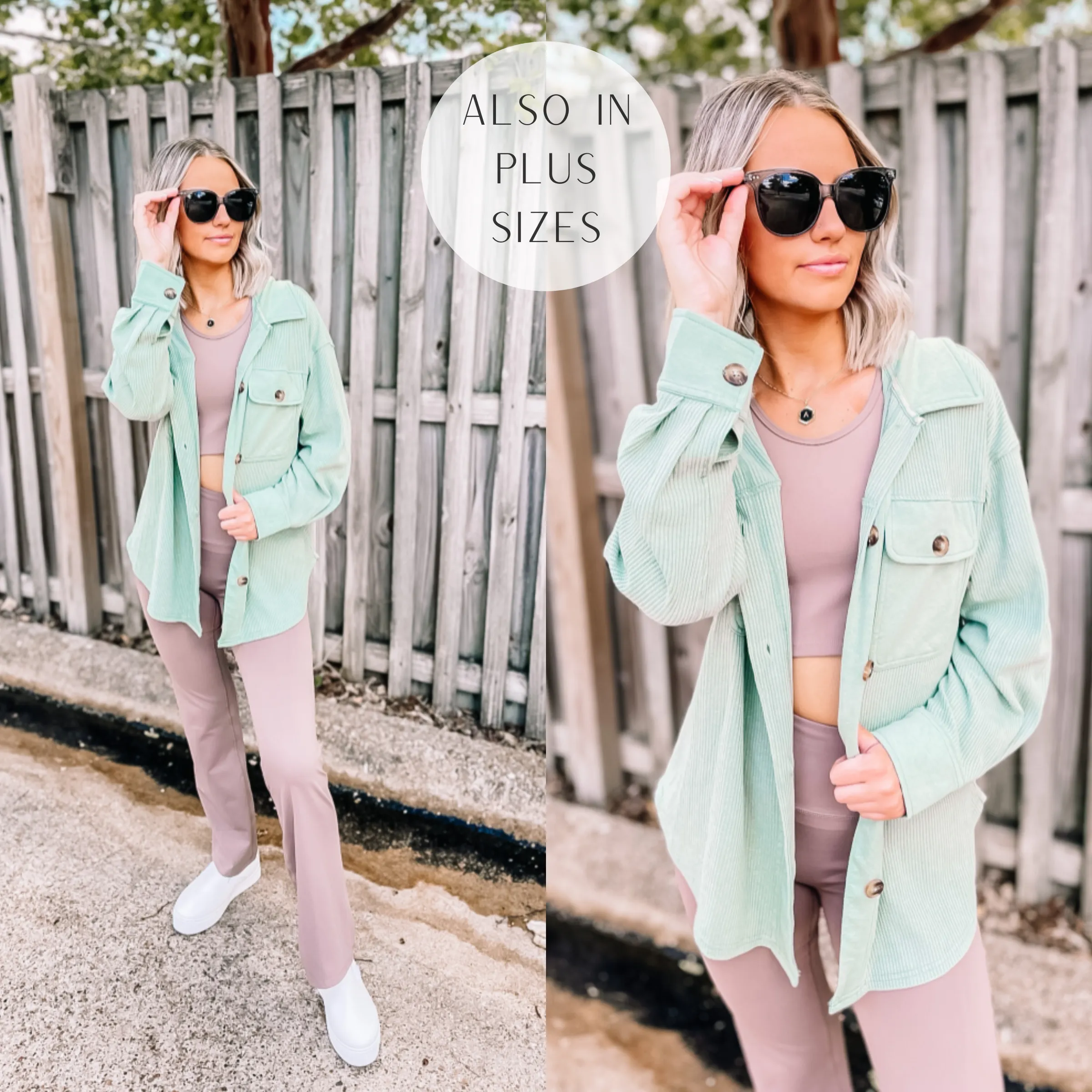 A Place To Unwind Button Up Waffle Knit Shacket in Sage Green