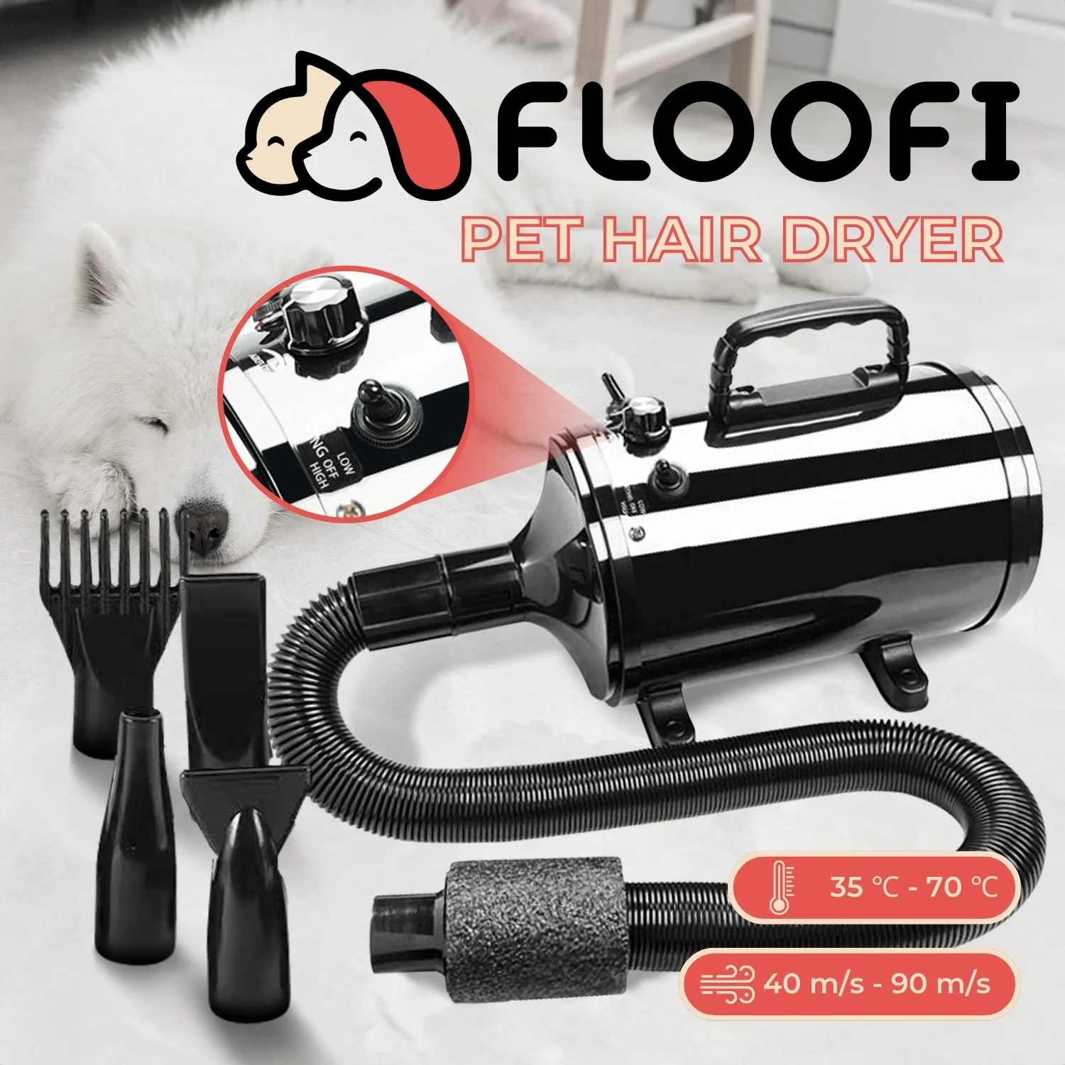 Adjustable Heat & Speed Pet Hair Dryer with Nozzle Options - Floofi