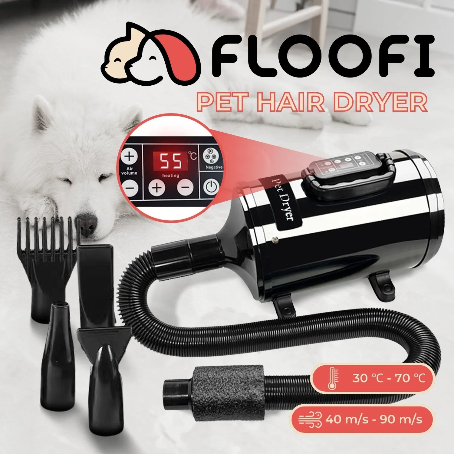 Adjustable Pet Hair Dryer w/ 6 Speeds & LCD - Floofi