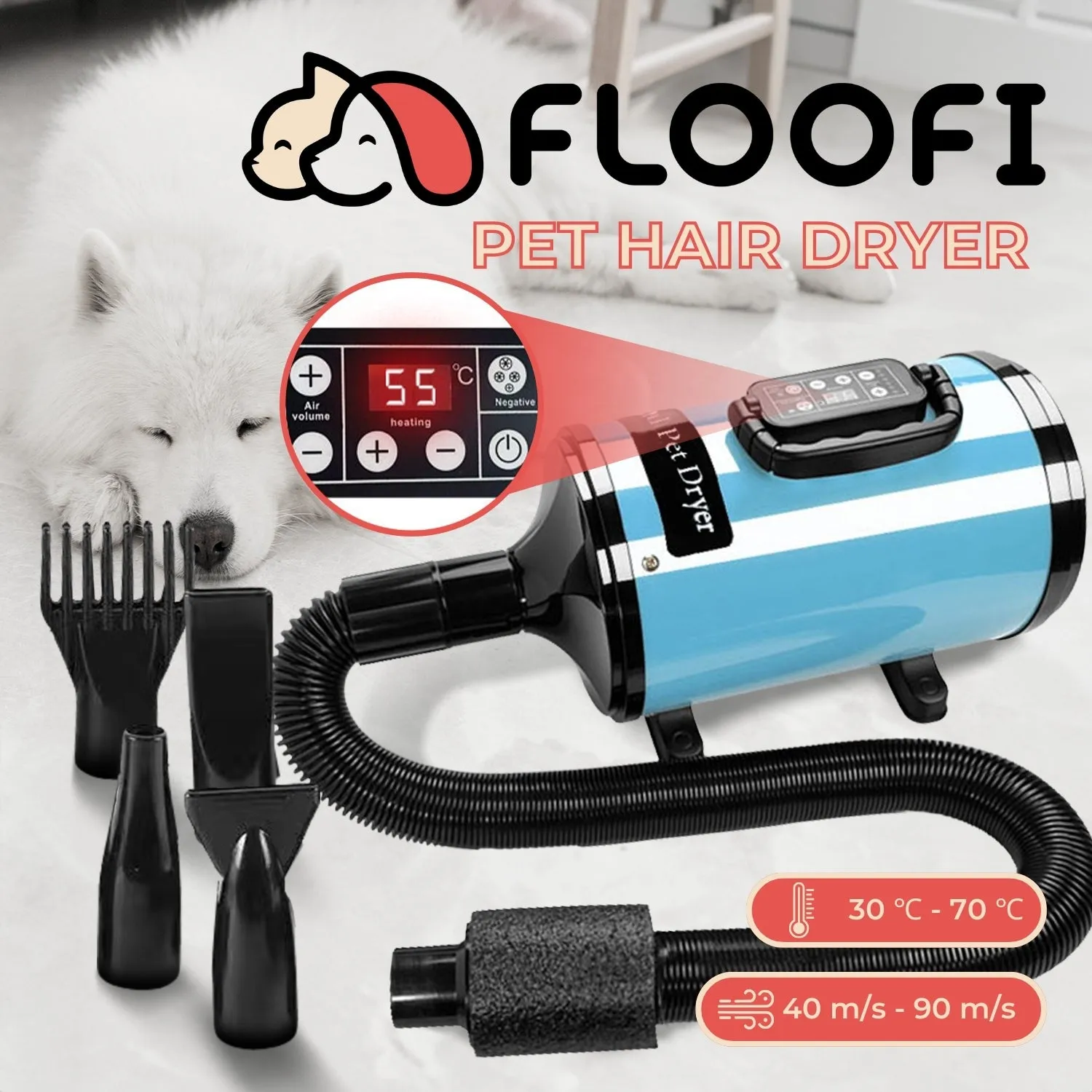 Adjustable Temp Pet Hair Dryer, 6-Speed, 4 Outlets - Floofi