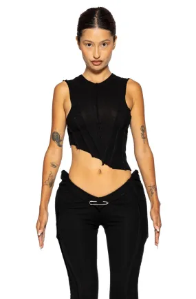 ASYMMETRIC SLEEVELESS TOP IN BLACK RIB