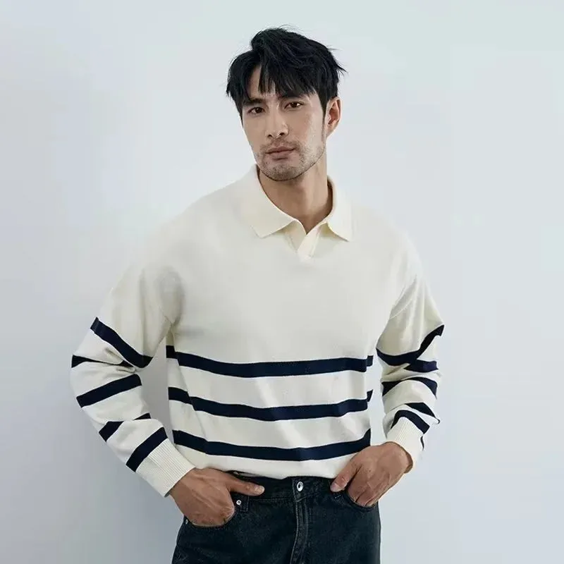 Autumn Simple Lapel Striped Sweater For Men Casual Vintage Korean Fashion Knitwear Top New Y2K Loose Knitted Pullover Jumper