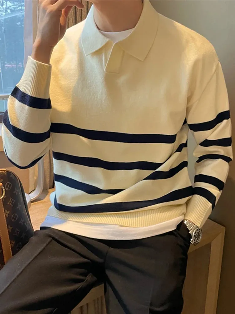 Autumn Simple Lapel Striped Sweater For Men Casual Vintage Korean Fashion Knitwear Top New Y2K Loose Knitted Pullover Jumper