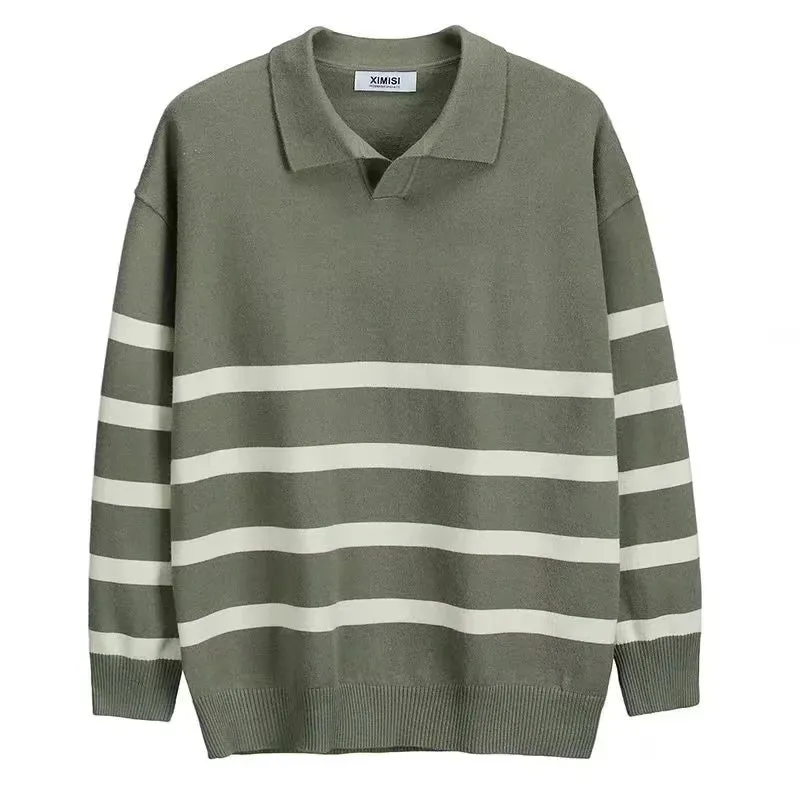 Autumn Simple Lapel Striped Sweater For Men Casual Vintage Korean Fashion Knitwear Top New Y2K Loose Knitted Pullover Jumper