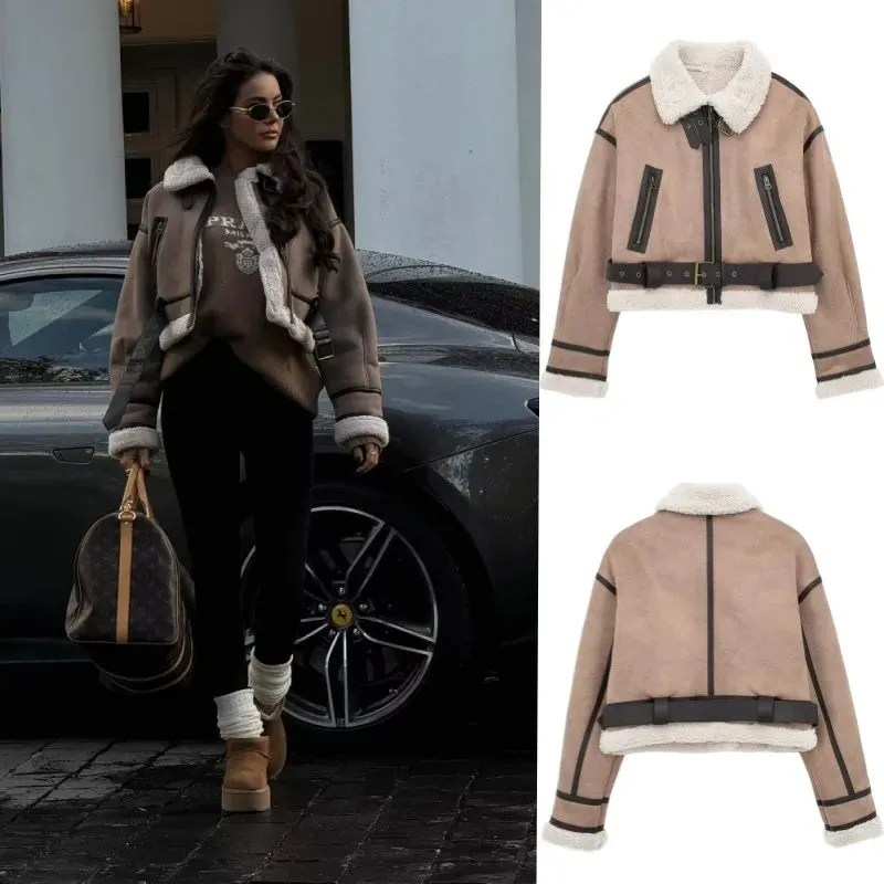 Back To School Joskaa 2024 New synthetic sheepskin women's Coat Thickened thermal bomber Jacket Y2K lapel vintage winter fashion