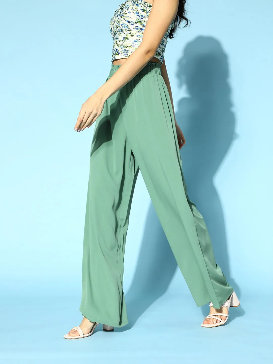 Berrylush Women Solid Green Flare Fit High-Rise Waist Plain Trousers