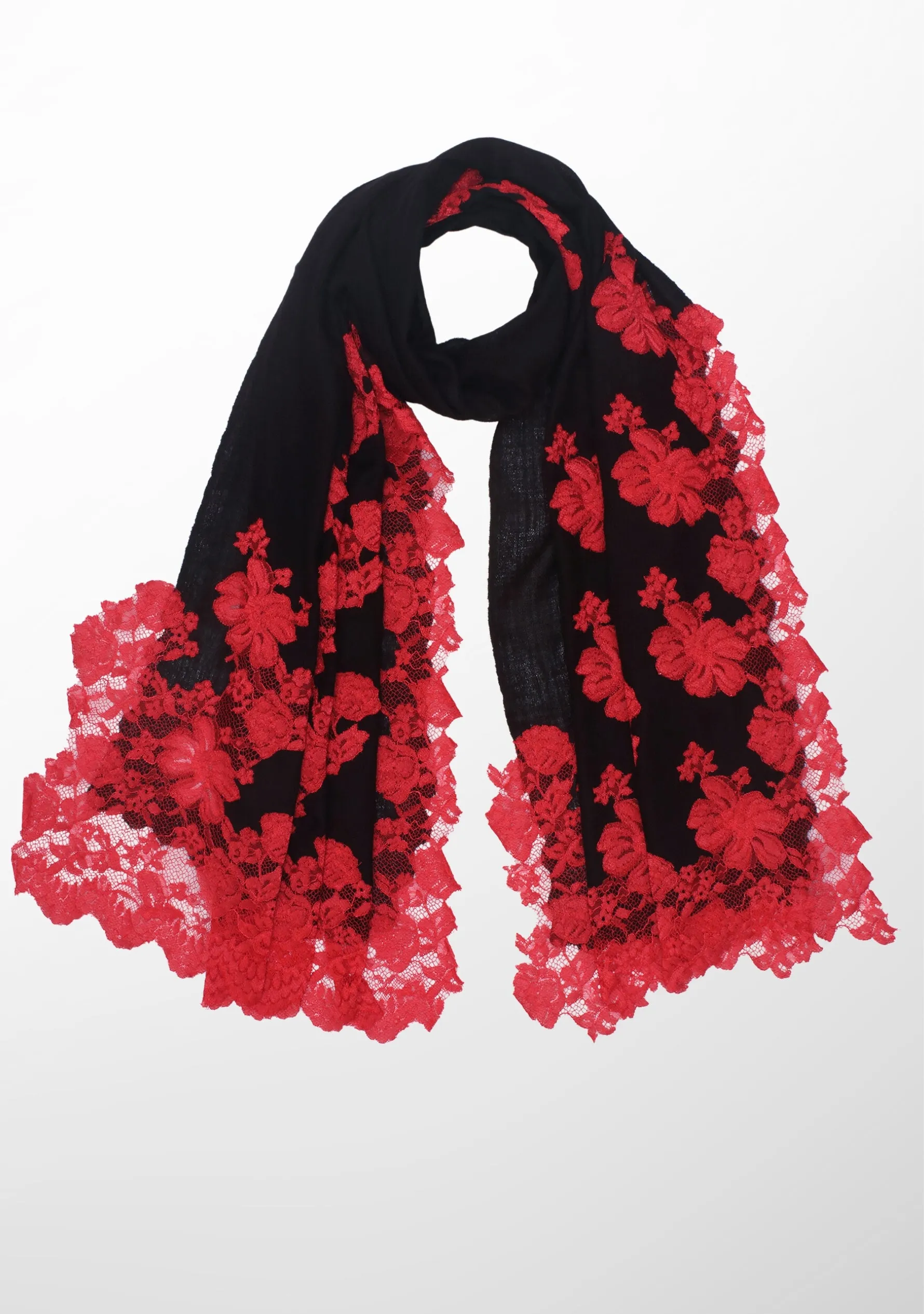 Black Cashmere Scarf with Red Chantilly Lace