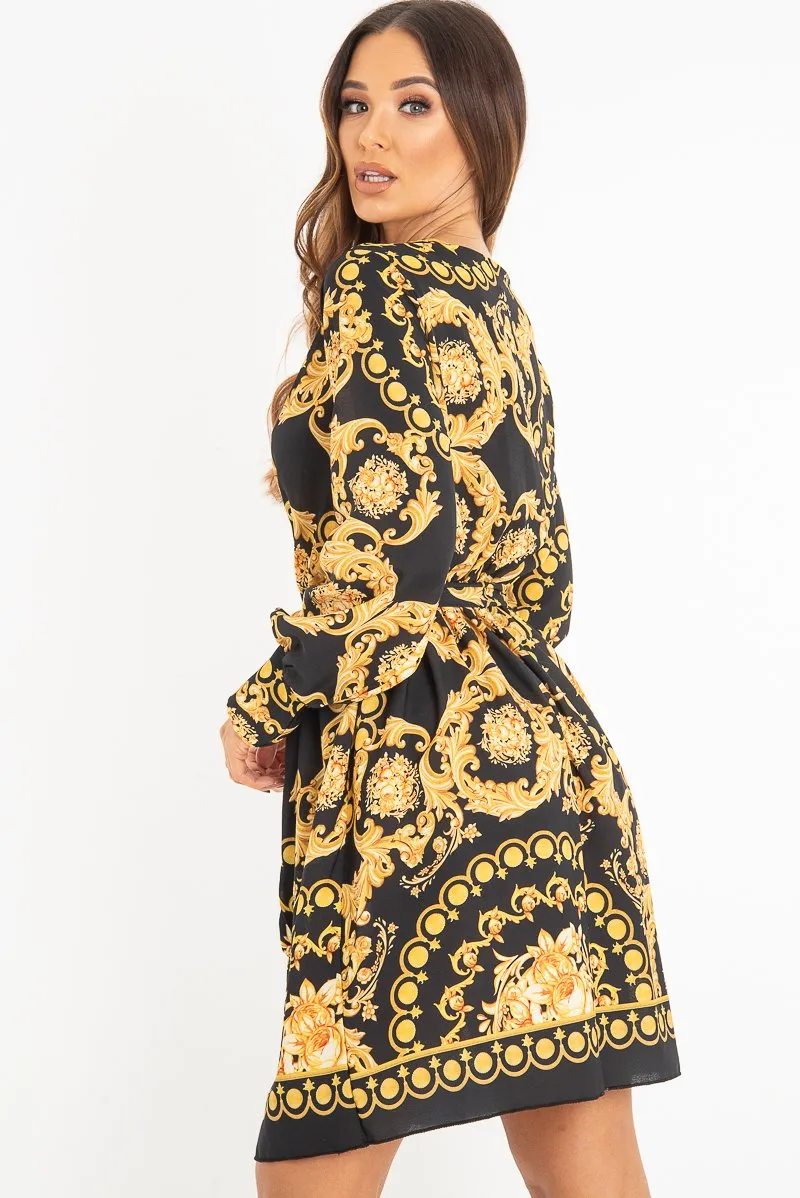 Black Gold Floral Scarf Print Plunge Mini Dress - Sydney