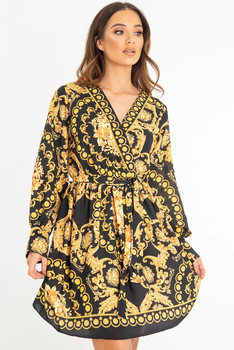 Black Gold Floral Scarf Print Plunge Mini Dress - Sydney