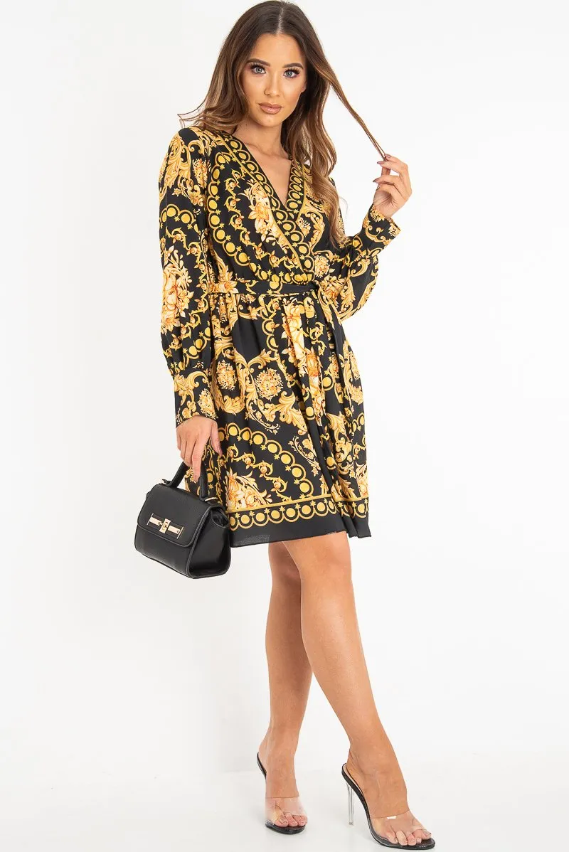 Black Gold Floral Scarf Print Plunge Mini Dress - Sydney