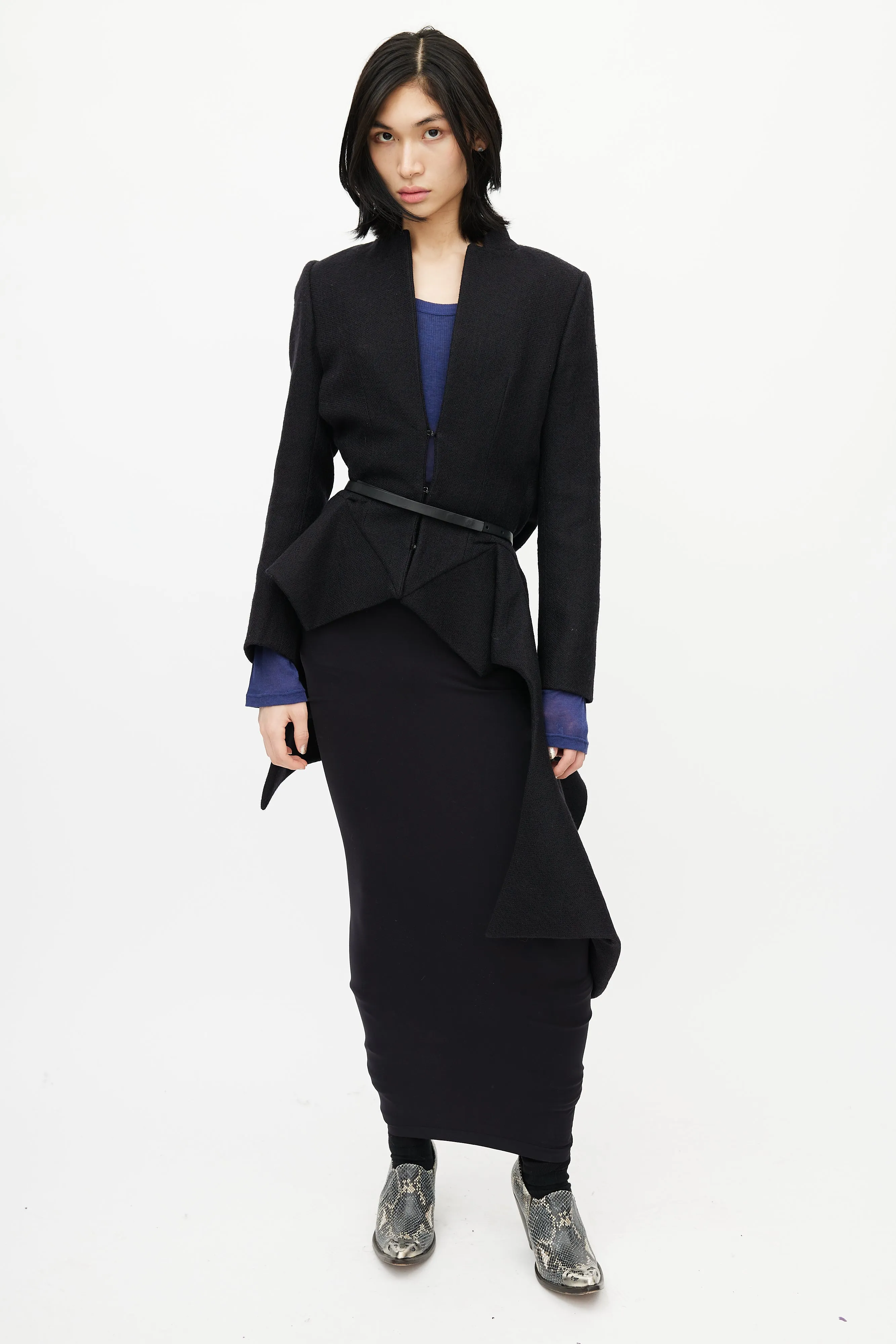 Black Wool Asymmetrical Belted Coat