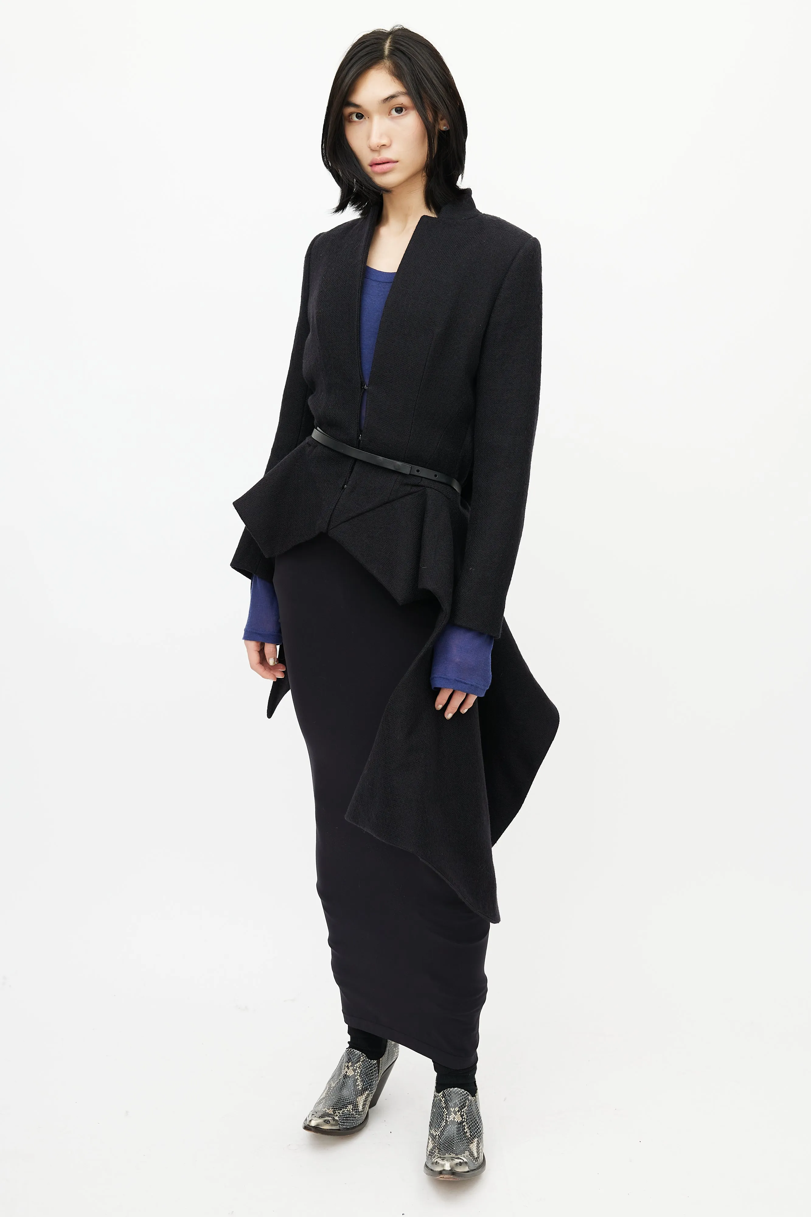 Black Wool Asymmetrical Belted Coat