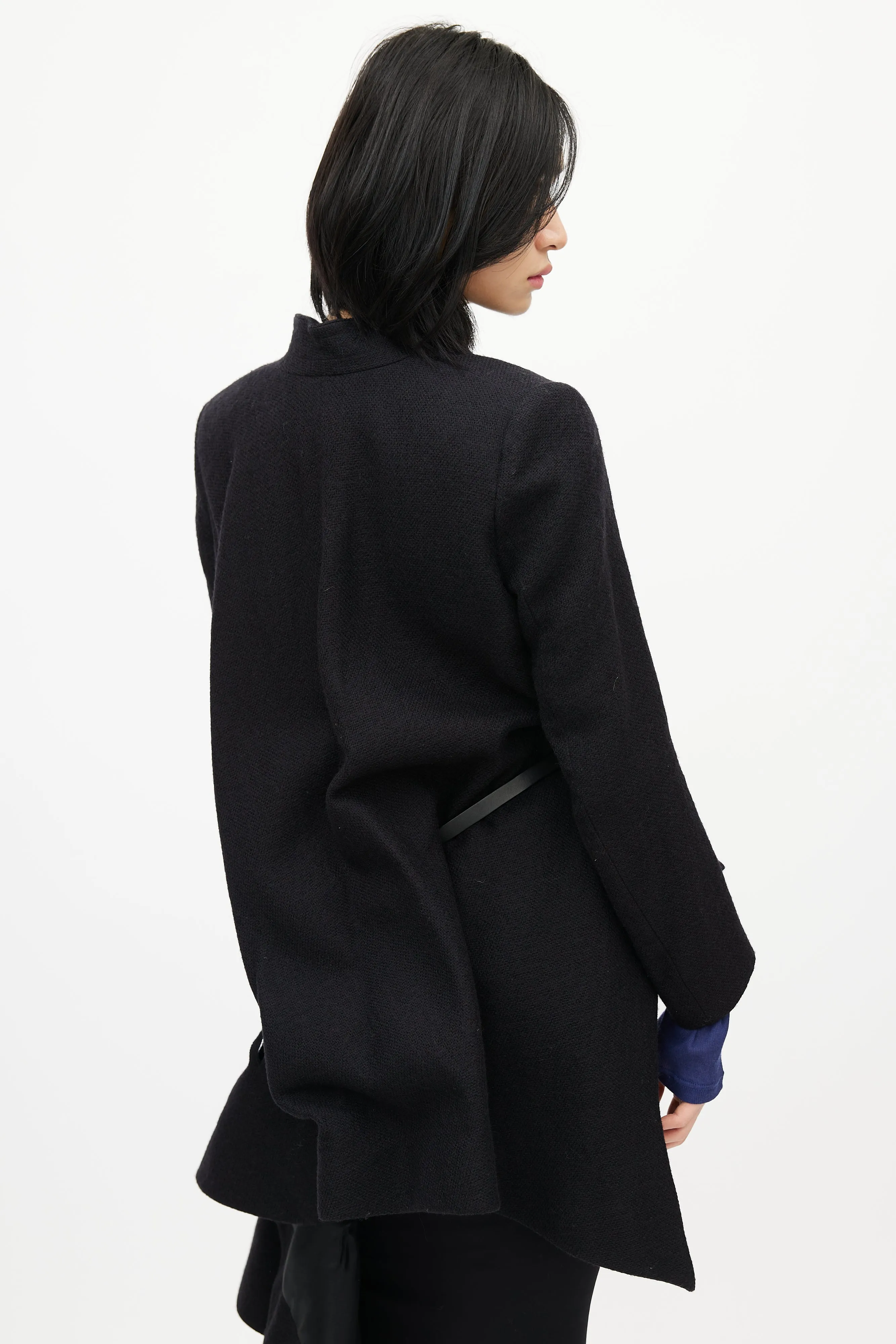 Black Wool Asymmetrical Belted Coat