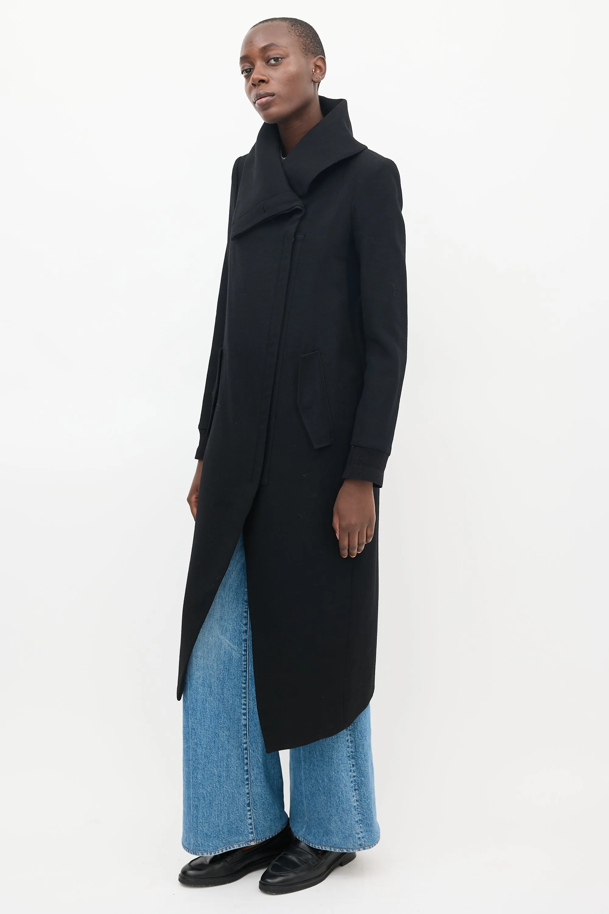 Black Wool Asymmetrical Maxi Coat