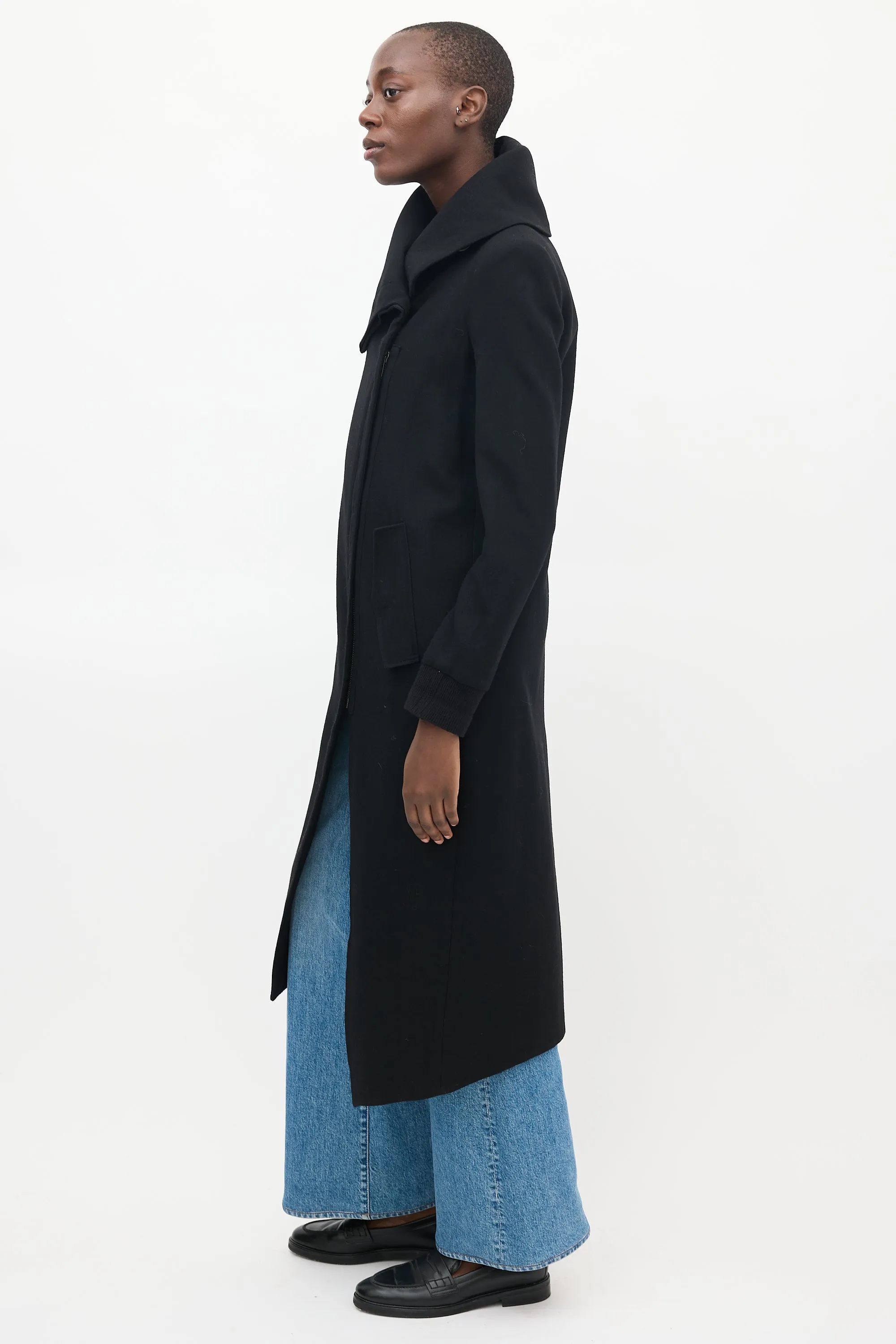 Black Wool Asymmetrical Maxi Coat