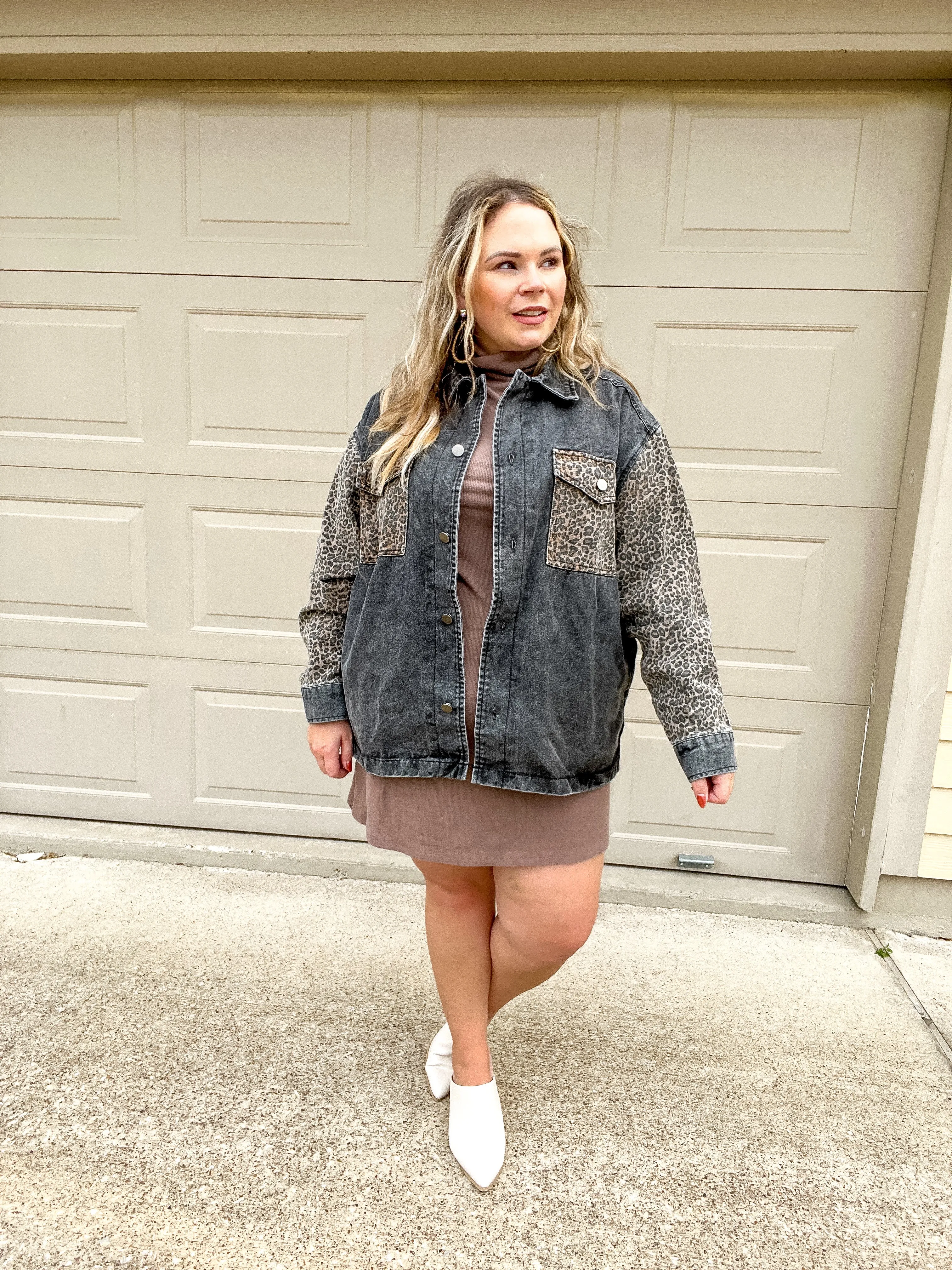 Blogger Poses Leopard Print Block Button Up Jacket in Black