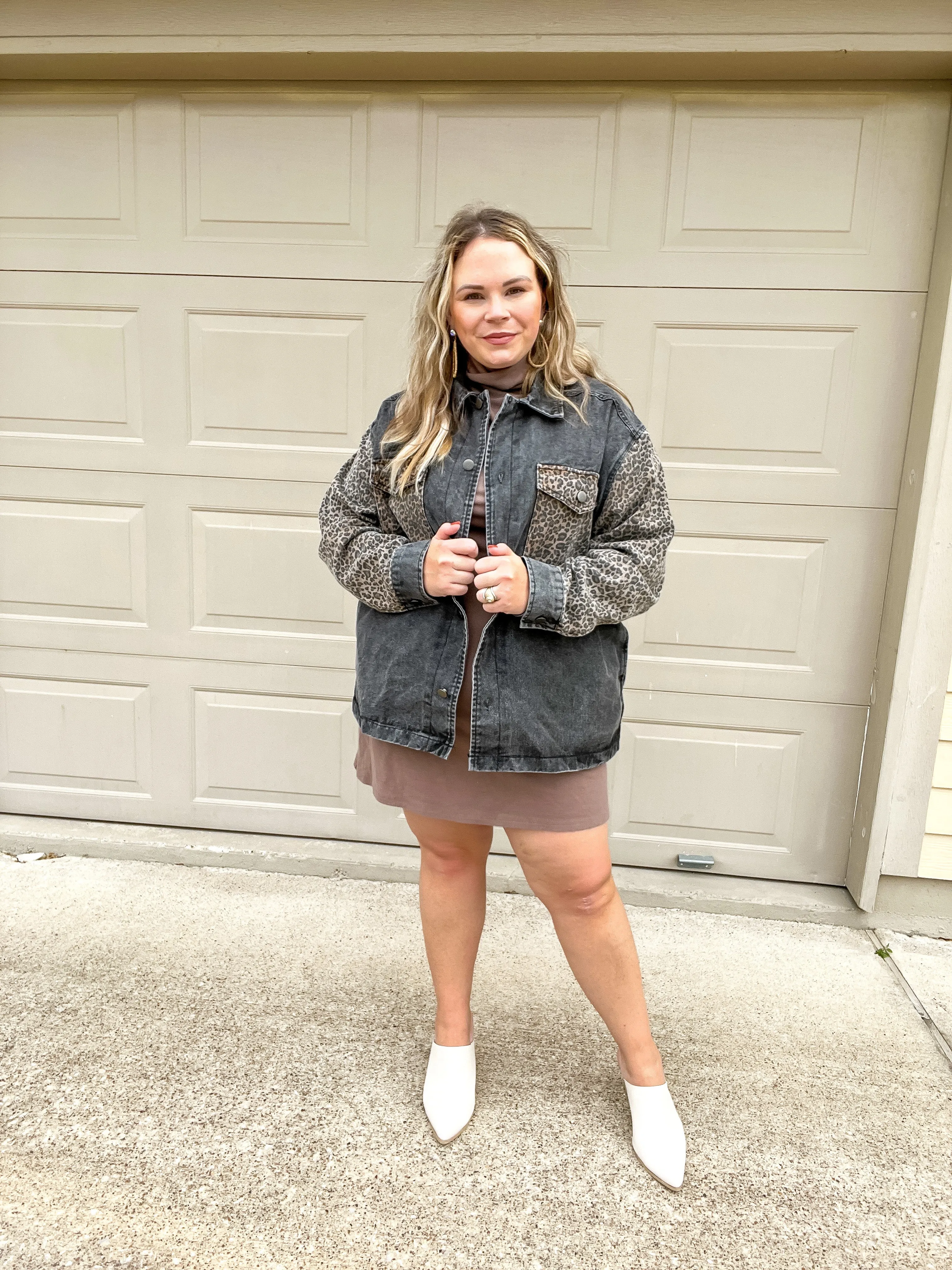 Blogger Poses Leopard Print Block Button Up Jacket in Black