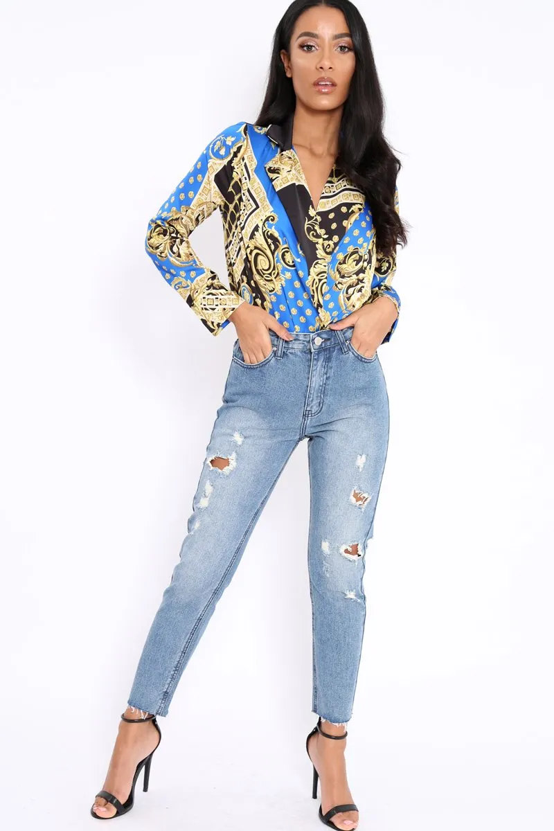 Blue and Gold Scarf Print Satin Plunge Bodysuit - Moniqua