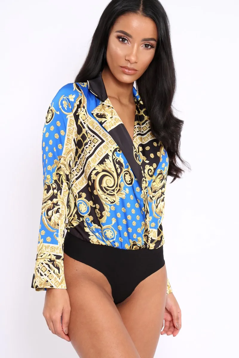 Blue and Gold Scarf Print Satin Plunge Bodysuit - Moniqua