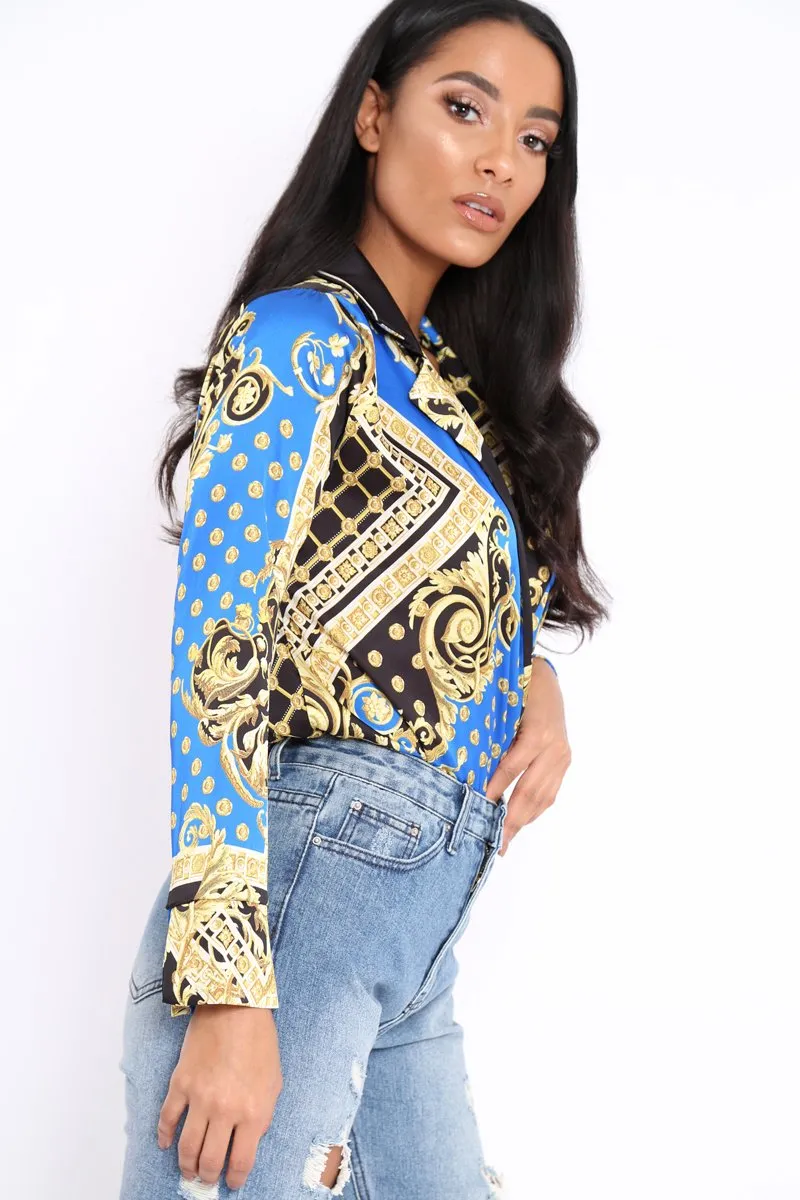 Blue and Gold Scarf Print Satin Plunge Bodysuit - Moniqua