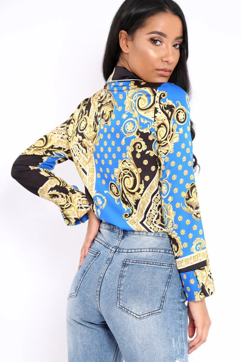 Blue and Gold Scarf Print Satin Plunge Bodysuit - Moniqua