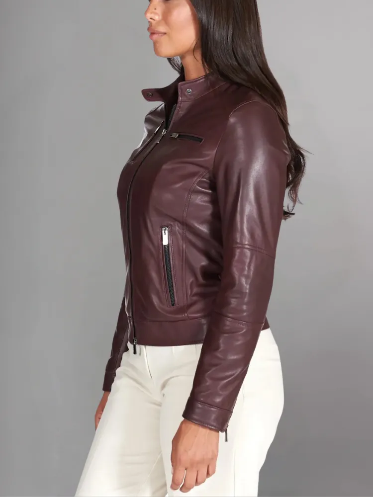 Blue natural leather biker jacket four zipper pockets