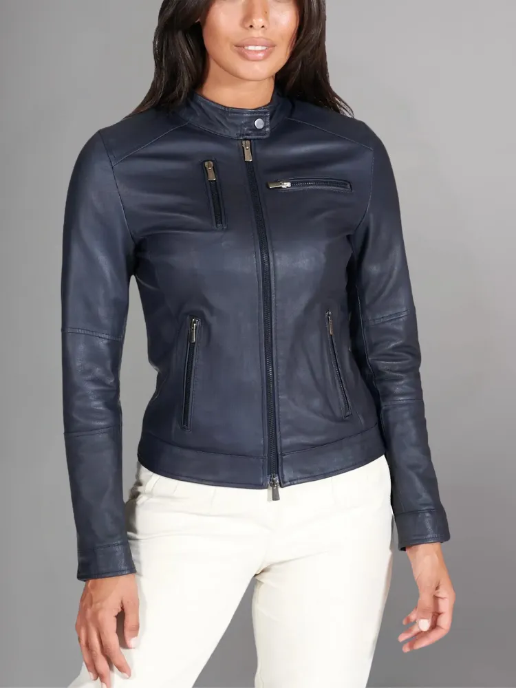 Blue natural leather biker jacket four zipper pockets