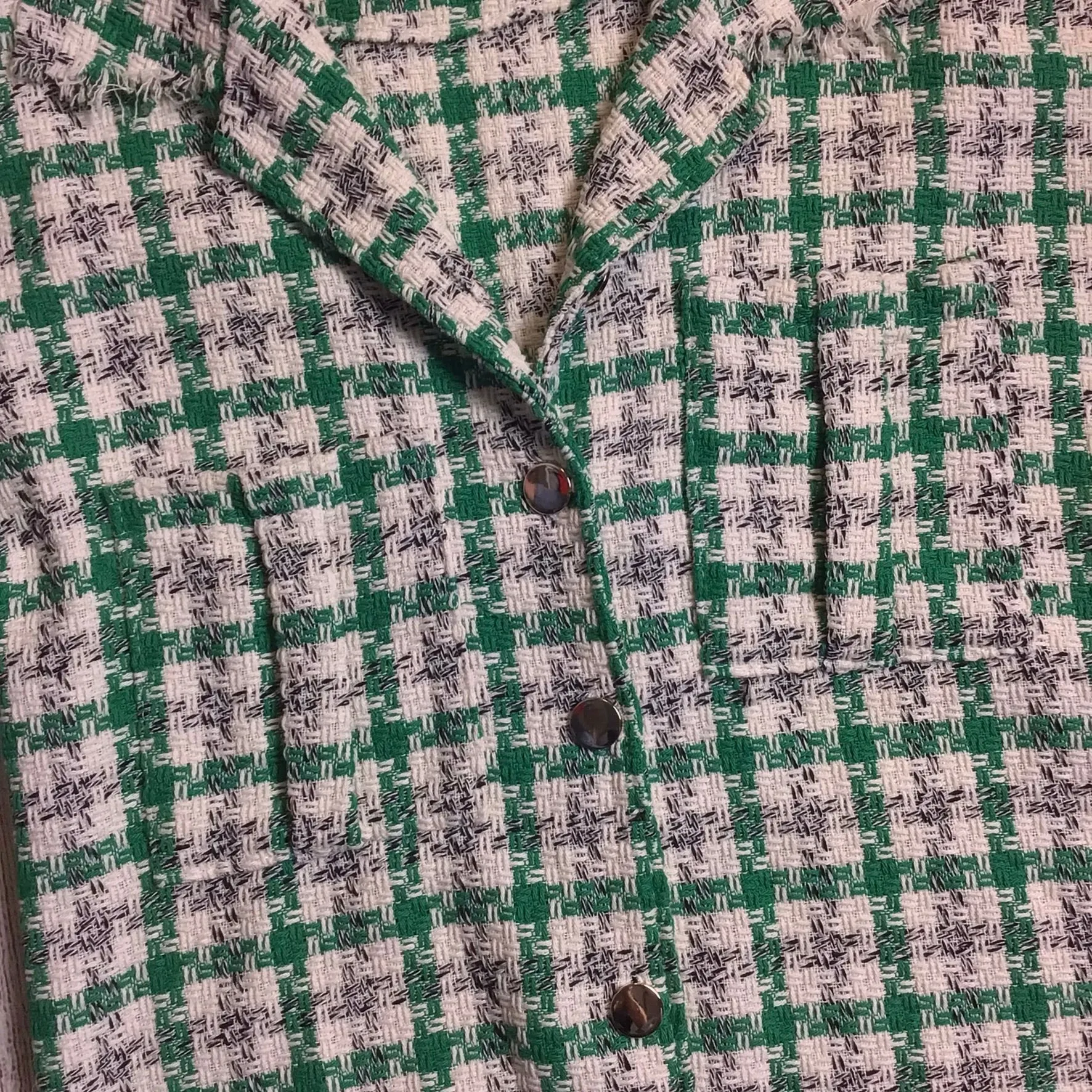 BNWT Boohoo Green & White Boucle Frayed Hem Checked Shacket Size 10