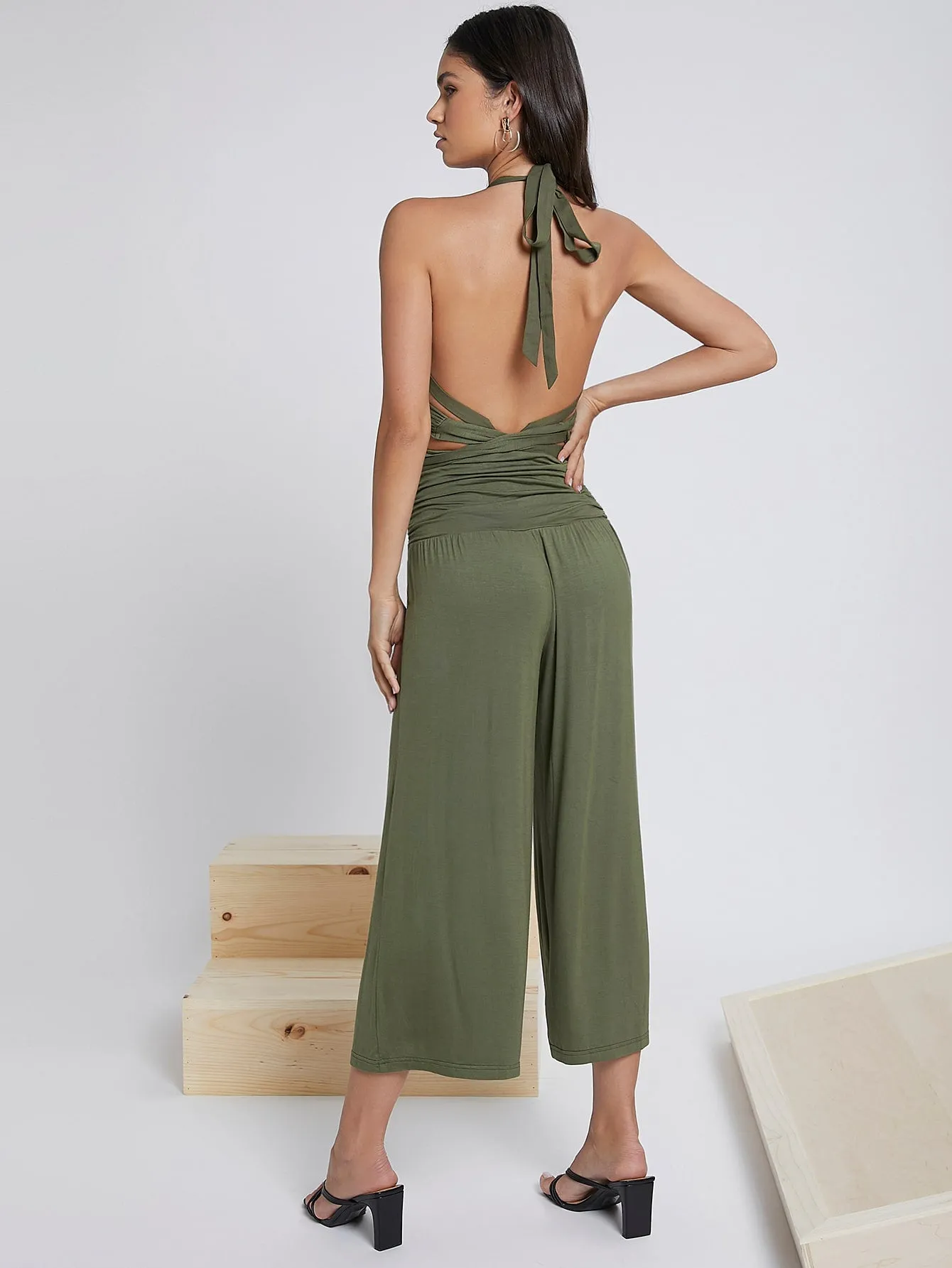 Boho Plain Tie Front Sleeveless Halter High Waist Capris Women Jumpsuit