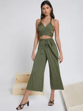 Boho Plain Tie Front Sleeveless Halter High Waist Capris Women Jumpsuit