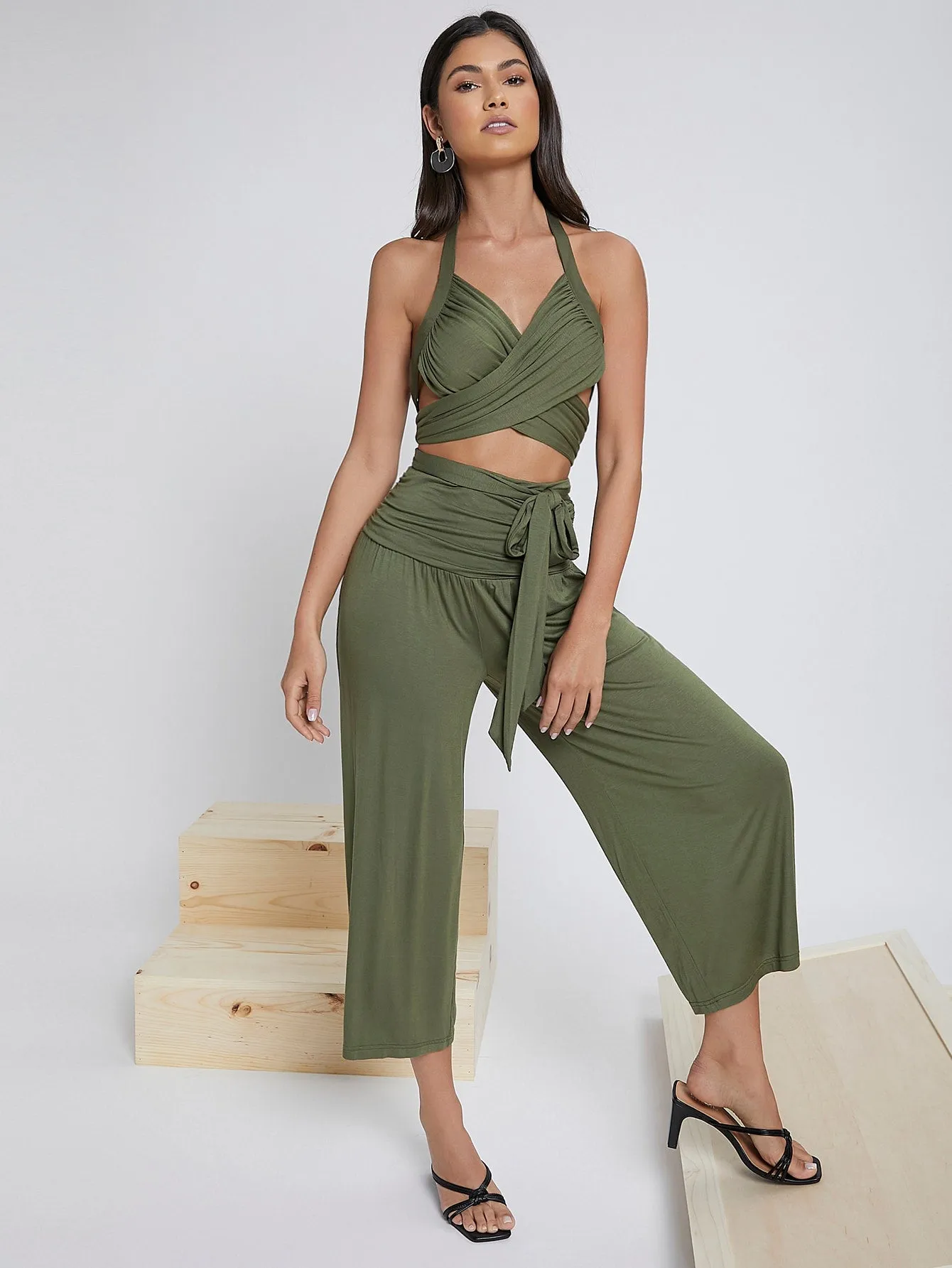 Boho Plain Tie Front Sleeveless Halter High Waist Capris Women Jumpsuit