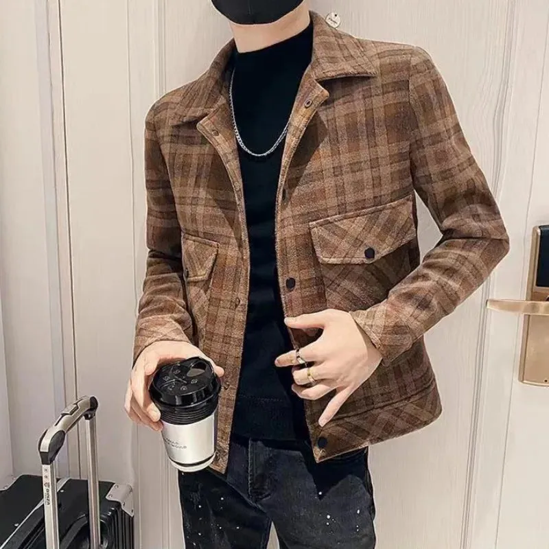 Bonsir Man Coat Winter Sales of Plaid Short Jacket for Men Wool & Blends New in Cold Aesthetic Casual High Quality Harajuku Vintage Y2k