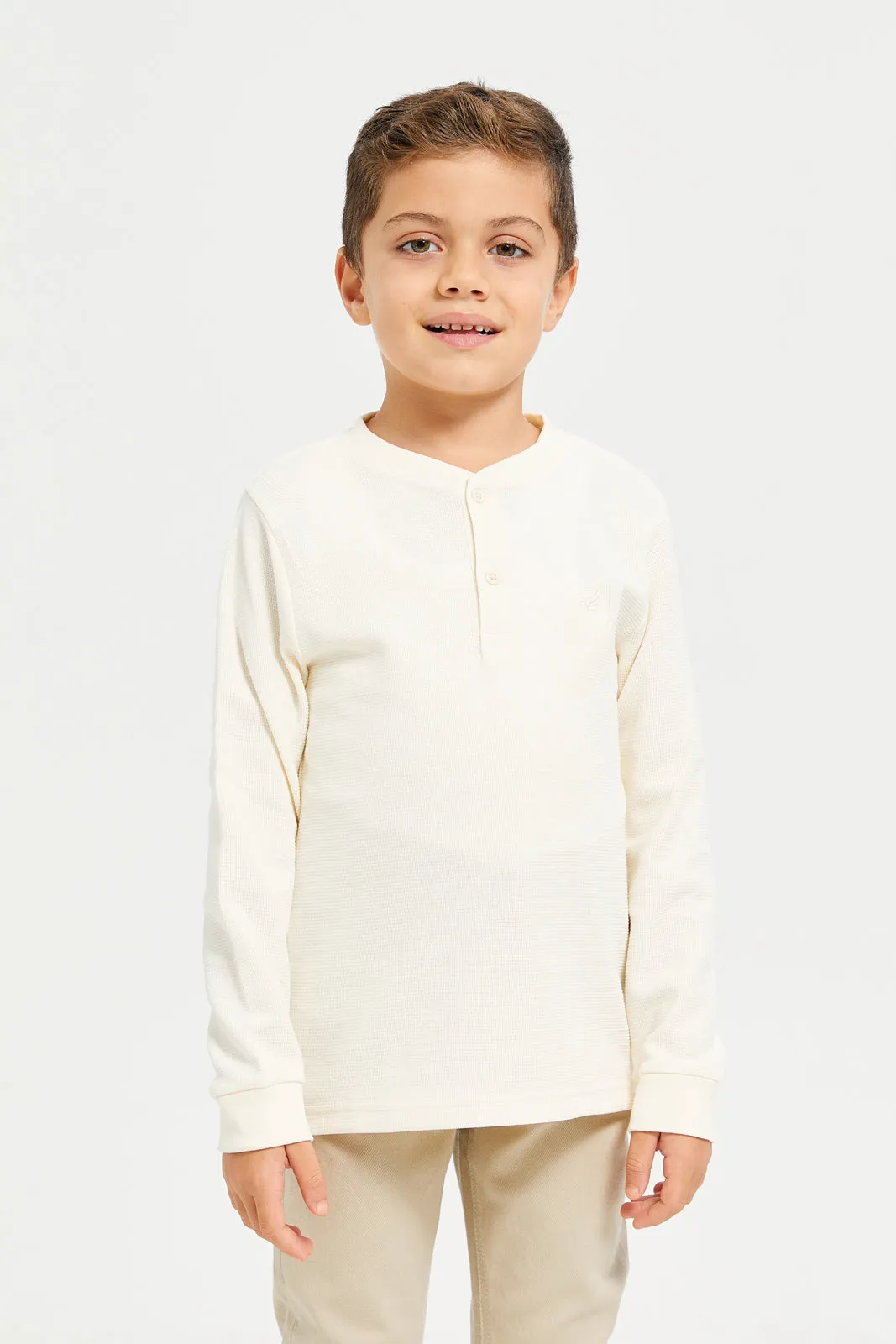 Boys Cream Jacquard Henley T-Shirt