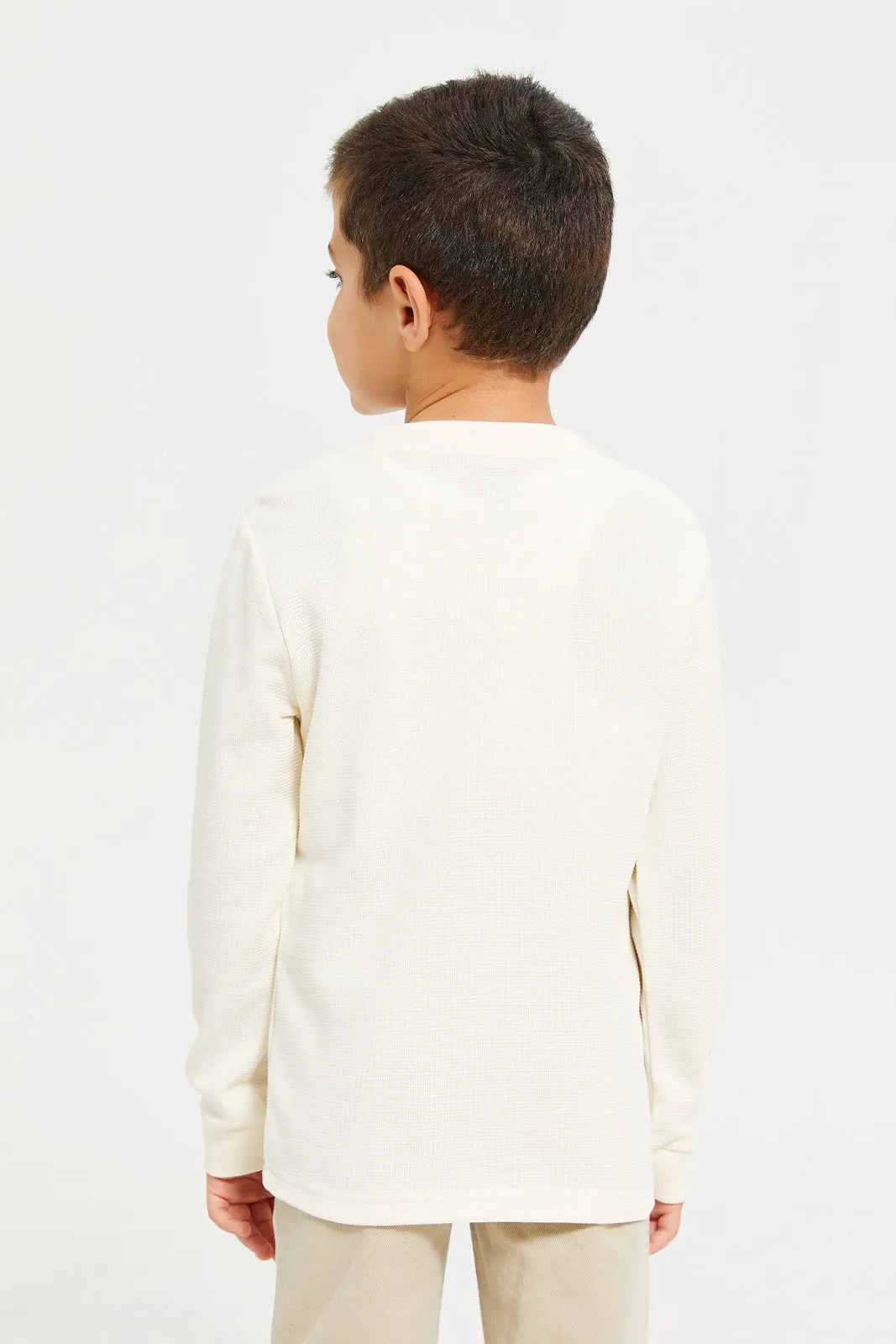 Boys Cream Jacquard Henley T-Shirt