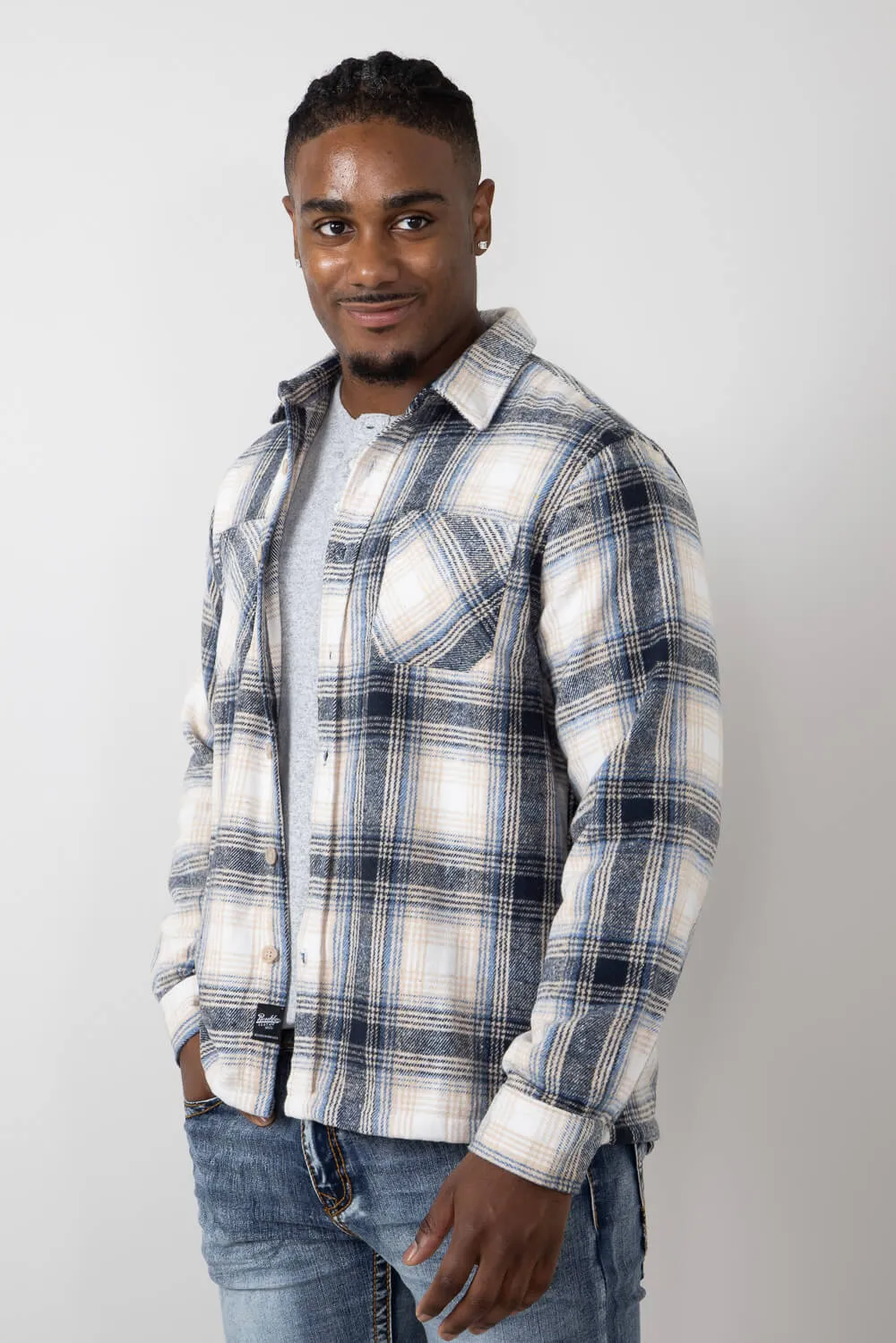 Brooklyn Cloth Heavy Flannel Shacket for Men in Blue/Cream | BKMD723F-CRU