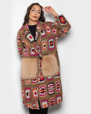 Brown Crochet Patterned Fox Coat With Pockets