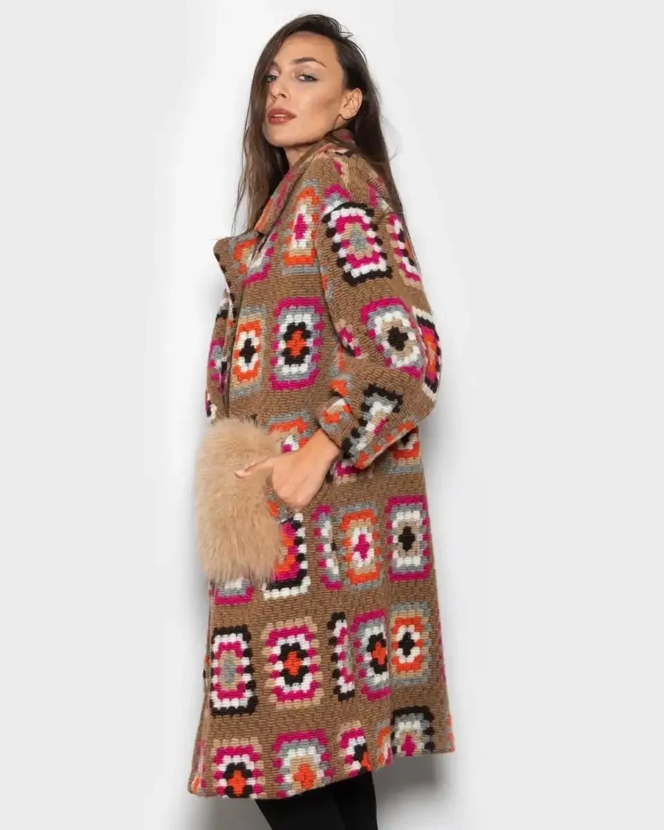 Brown Crochet Patterned Fox Coat With Pockets