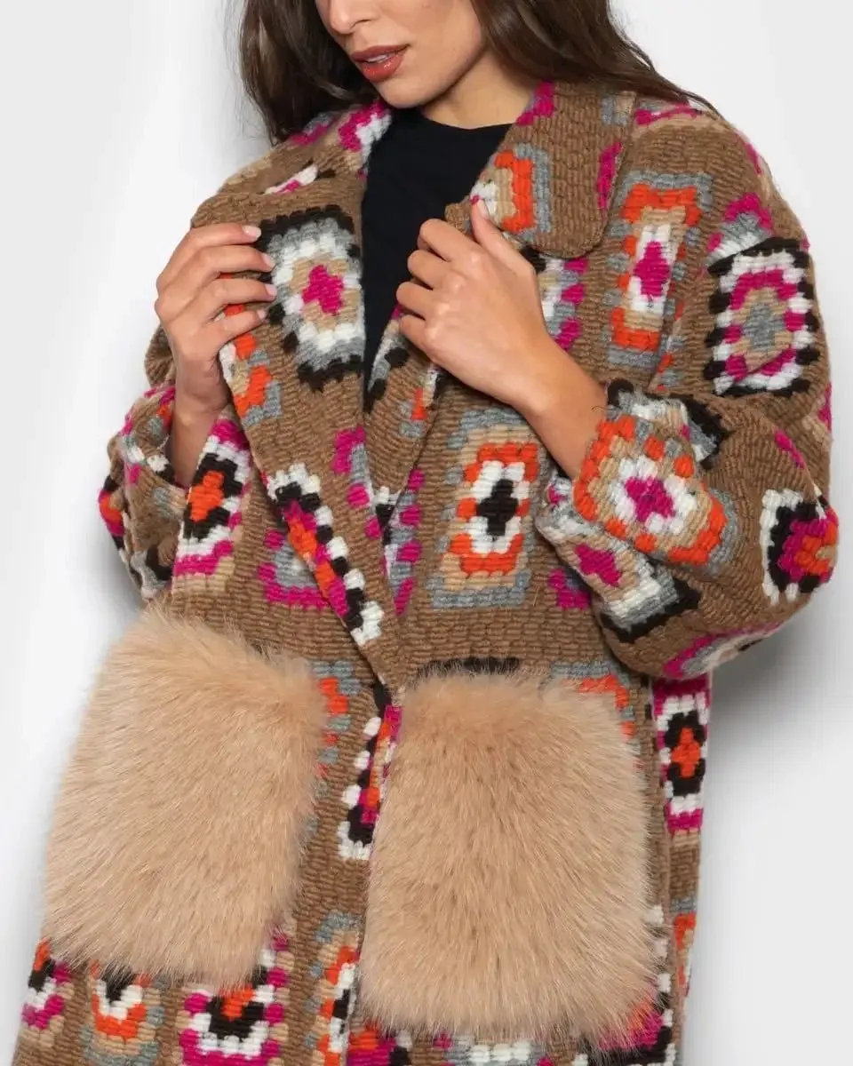 Brown Crochet Patterned Fox Coat With Pockets