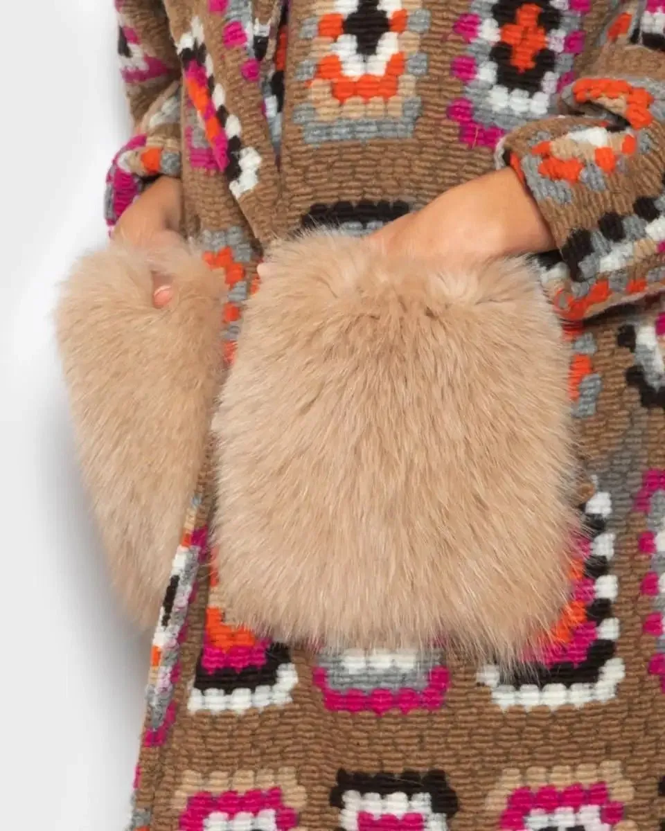 Brown Crochet Patterned Fox Coat With Pockets