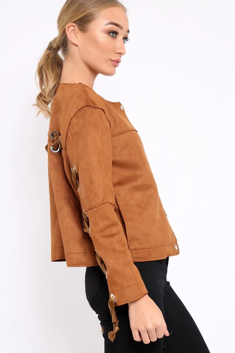 Brown Suedette Lace Back Jacket - Karey