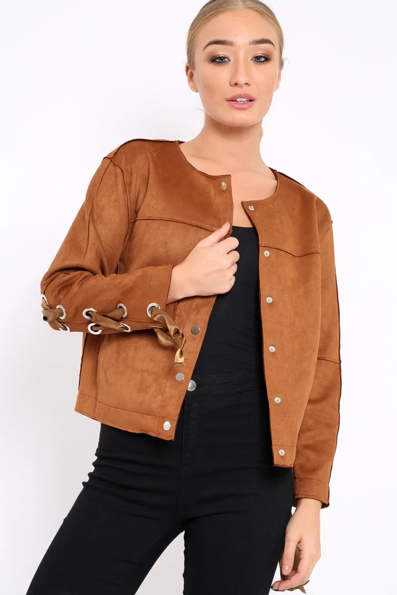 Brown Suedette Lace Back Jacket - Karey