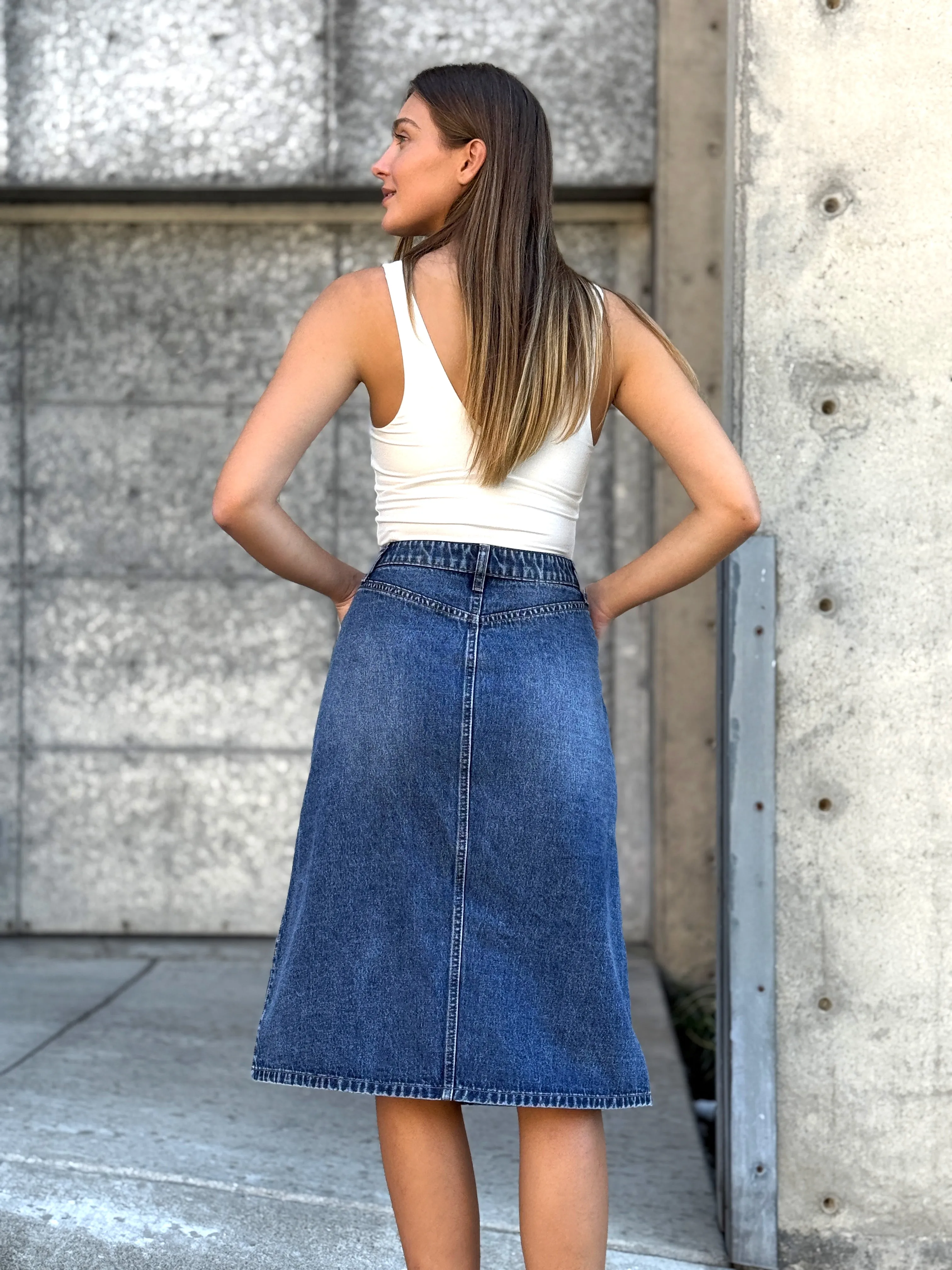 Button Front A-Line Denim Skirt