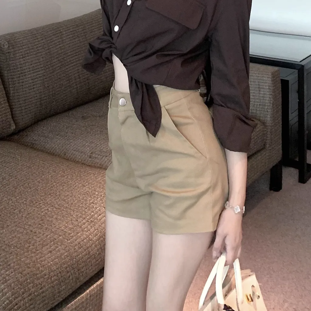 Button-Up Shirt Wide Leg Shorts Silk Scarf Belt Set